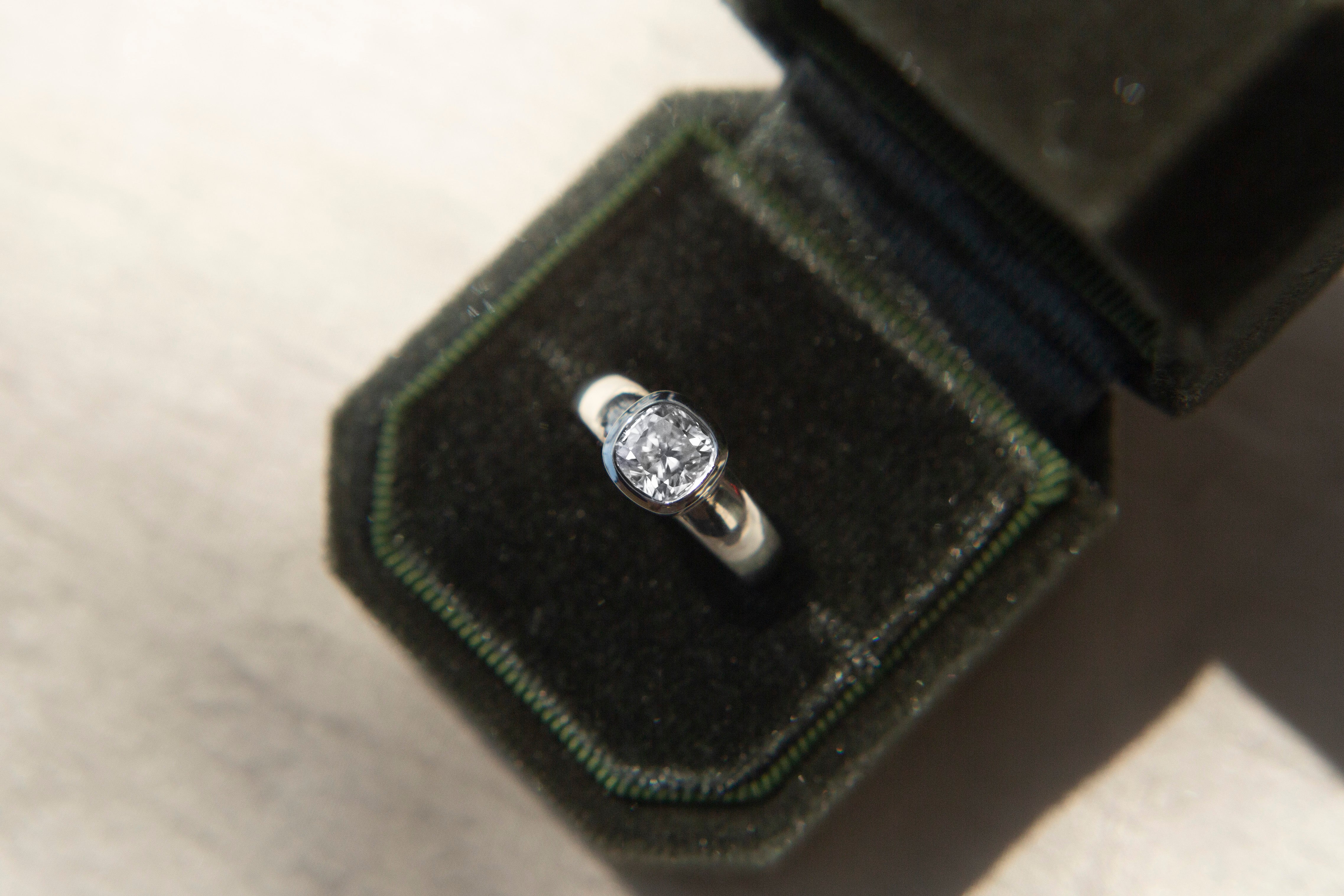 gold ring with a bezel set diamond. This solitaire engagement ring can be made with your desired stone type (Diamond, moissanite, sapphire etc.) and stone shape (Square, Marquis, round, emerald, assher, etc.) and in your choice of metal! (10k yellow or white gold, 14k yellow or white gold, 18k yellow or white gold, platinum and continuum silver.)