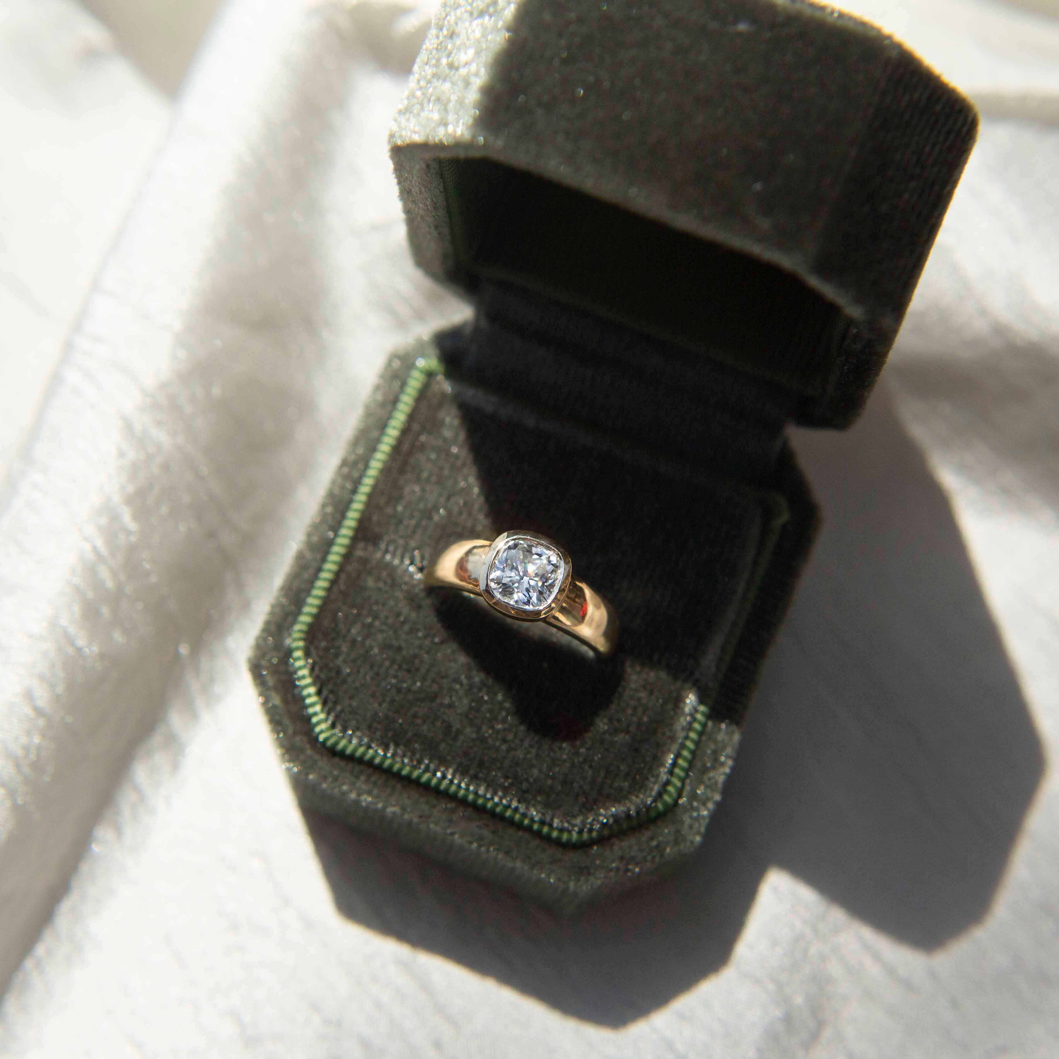 gold ring with a bezel set diamond. This solitaire engagement ring can be made with your desired stone type (Diamond, moissanite, sapphire etc.) and stone shape (Square, Marquis, round, emerald, assher, etc.) and in your choice of metal! (10k yellow or white gold, 14k yellow or white gold, 18k yellow or white gold, platinum and continuum silver.)