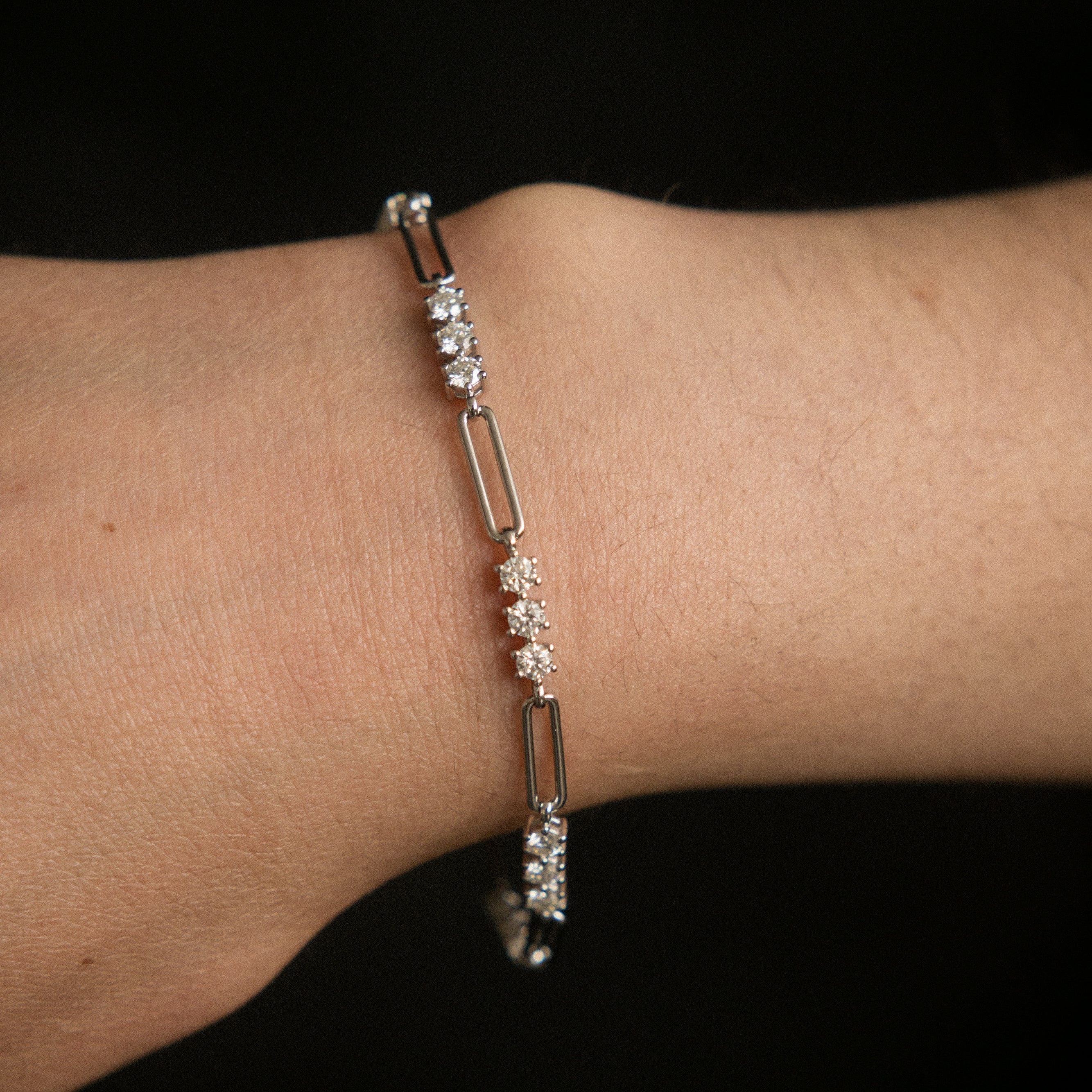 Moissanite paperclip tennis bracelet, white gold filled sold by Cival in BayView Milwaukee Wisconsin. Perfect for a demi fine gift.