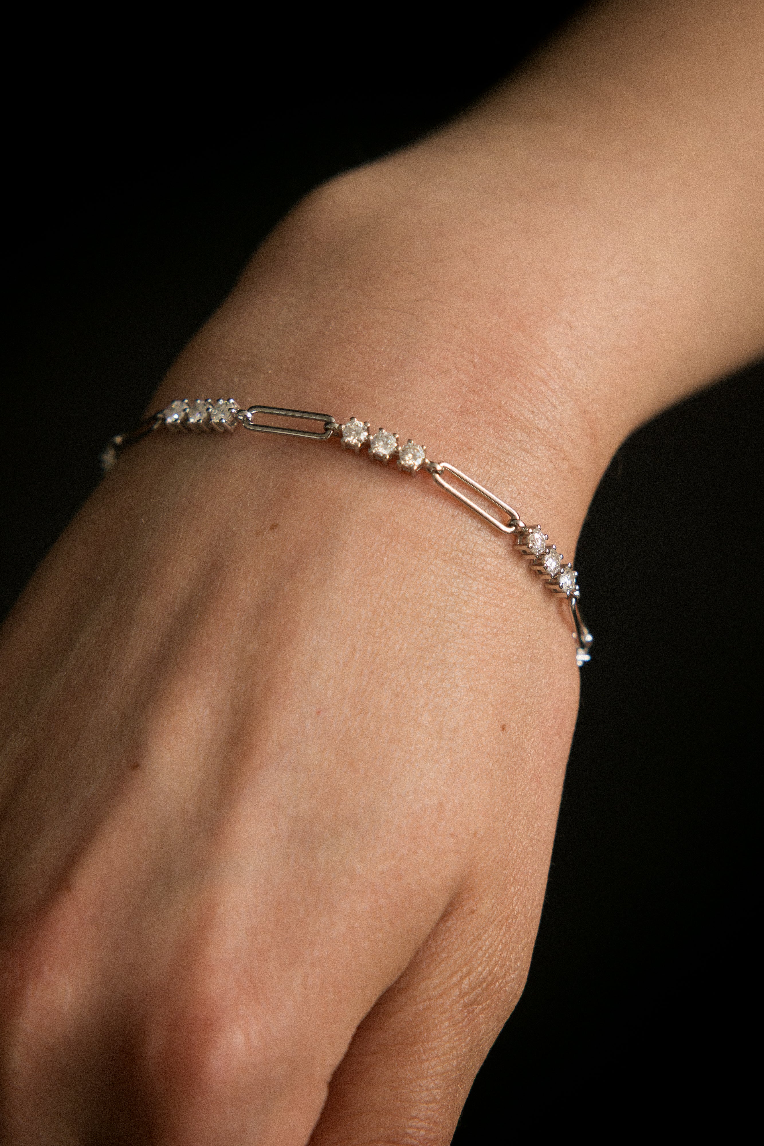 Moissanite paperclip tennis bracelet, white gold filled sold by Cival in BayView Milwaukee Wisconsin. Perfect for a demi fine gift.