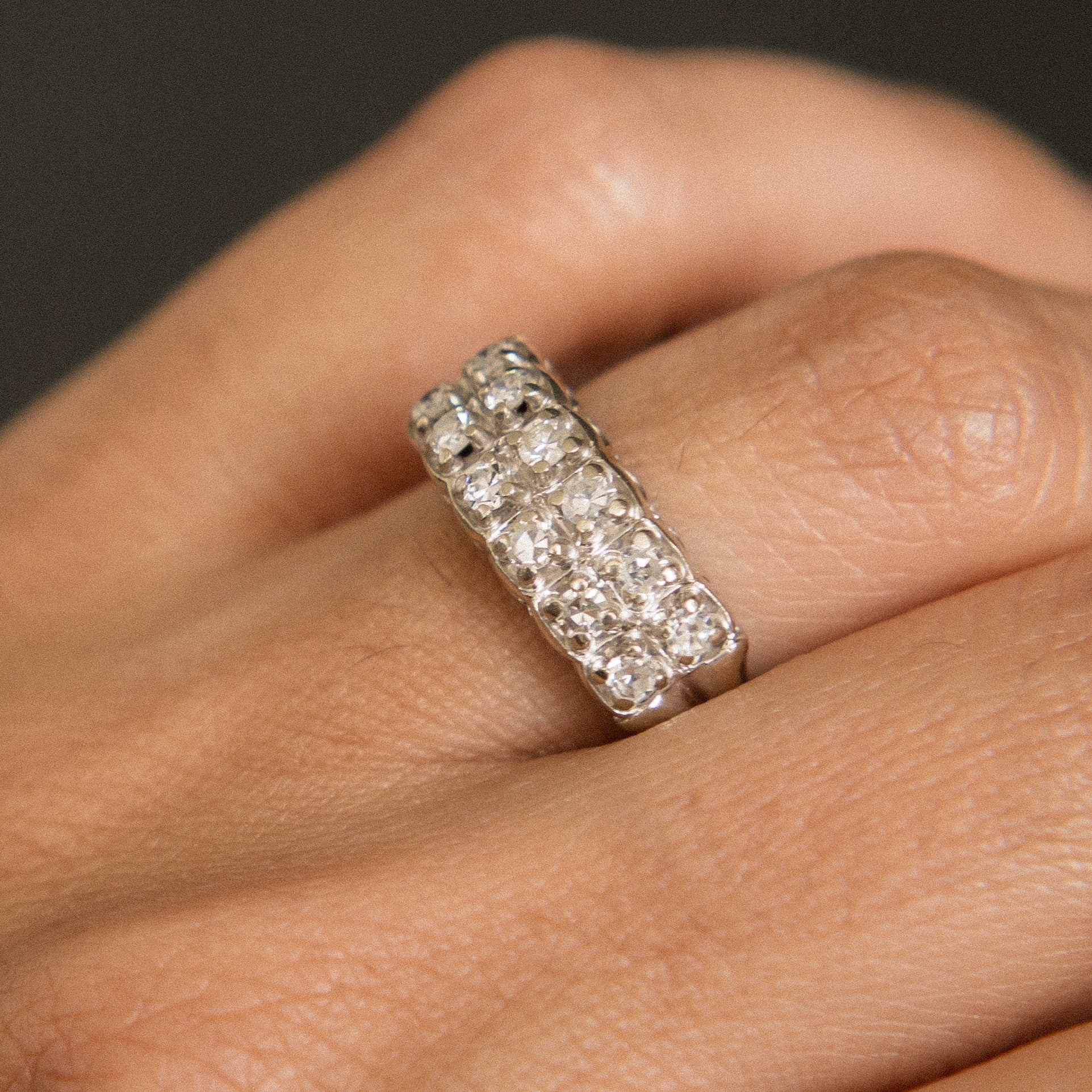 14k White Gold Two Row Antique Full Cut Natural Diamond Ring | sz 5.75