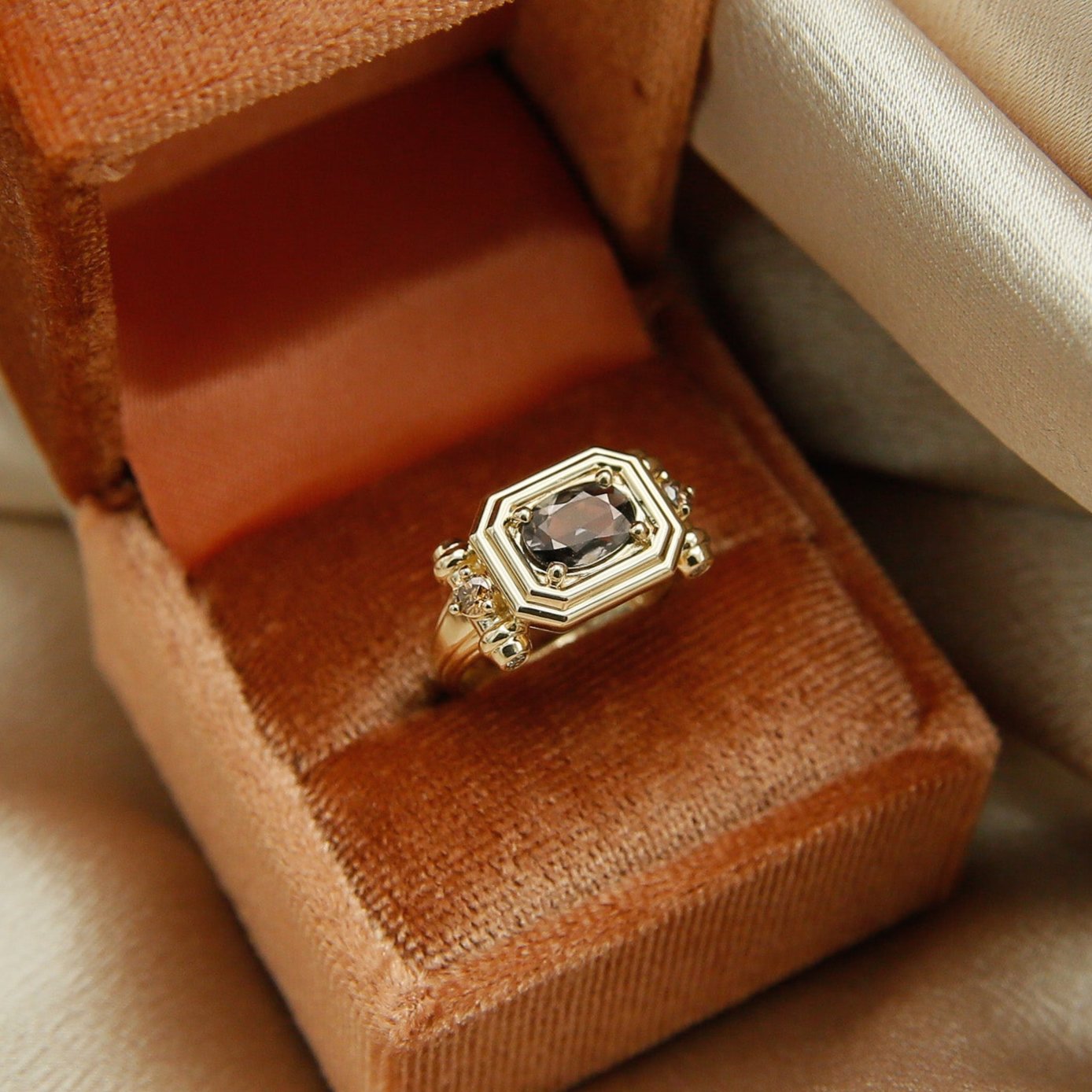 14k yellow setting with east west purple natural Madagascar sapphire french tank style engagement ring - Milwaukee WI Jewelry shop Cival Collective