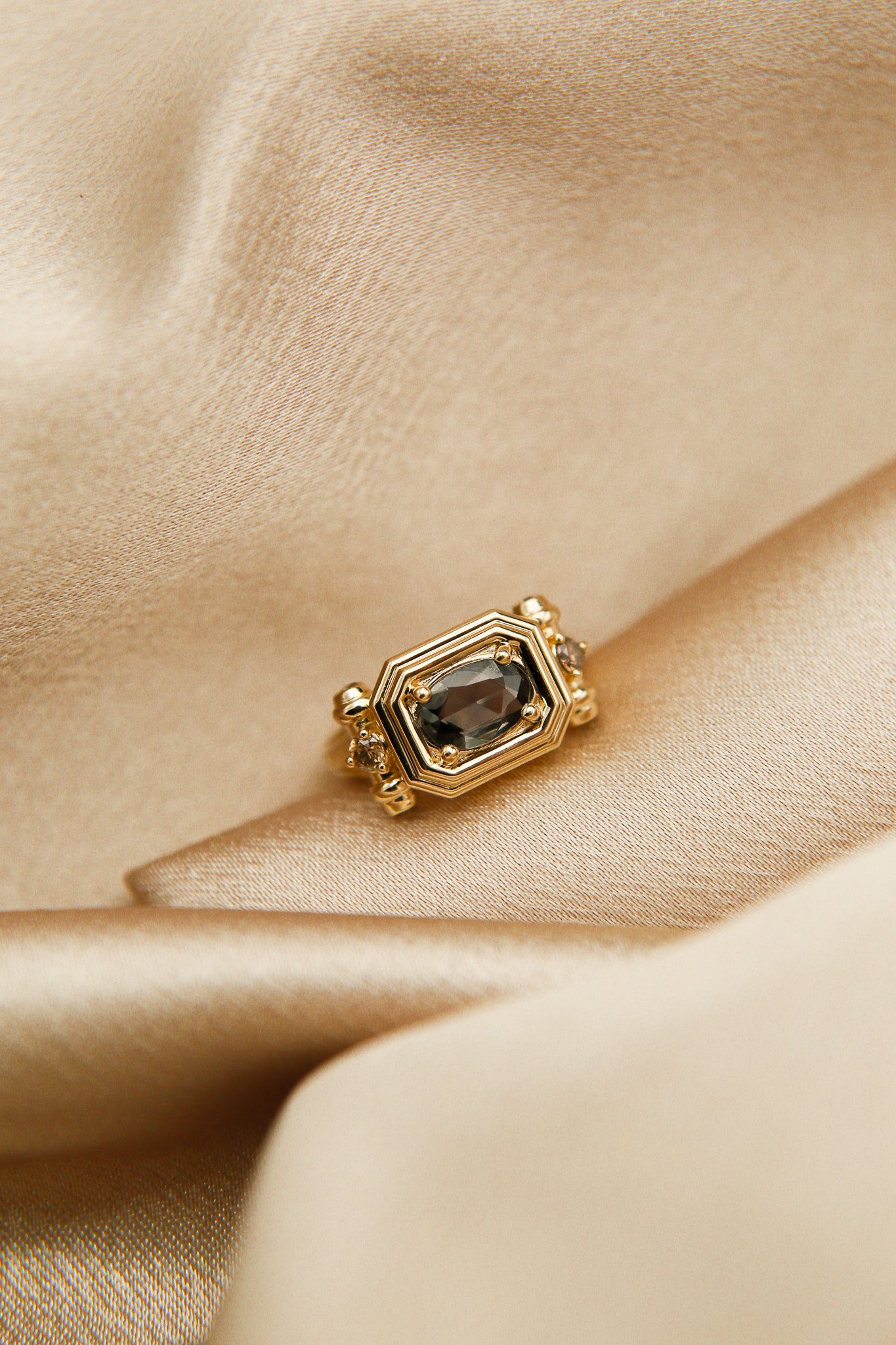 14k yellow setting with east west custom natural brown sapphire french tank style engagement ring - Milwaukee WI jewelry design company Cival Collective