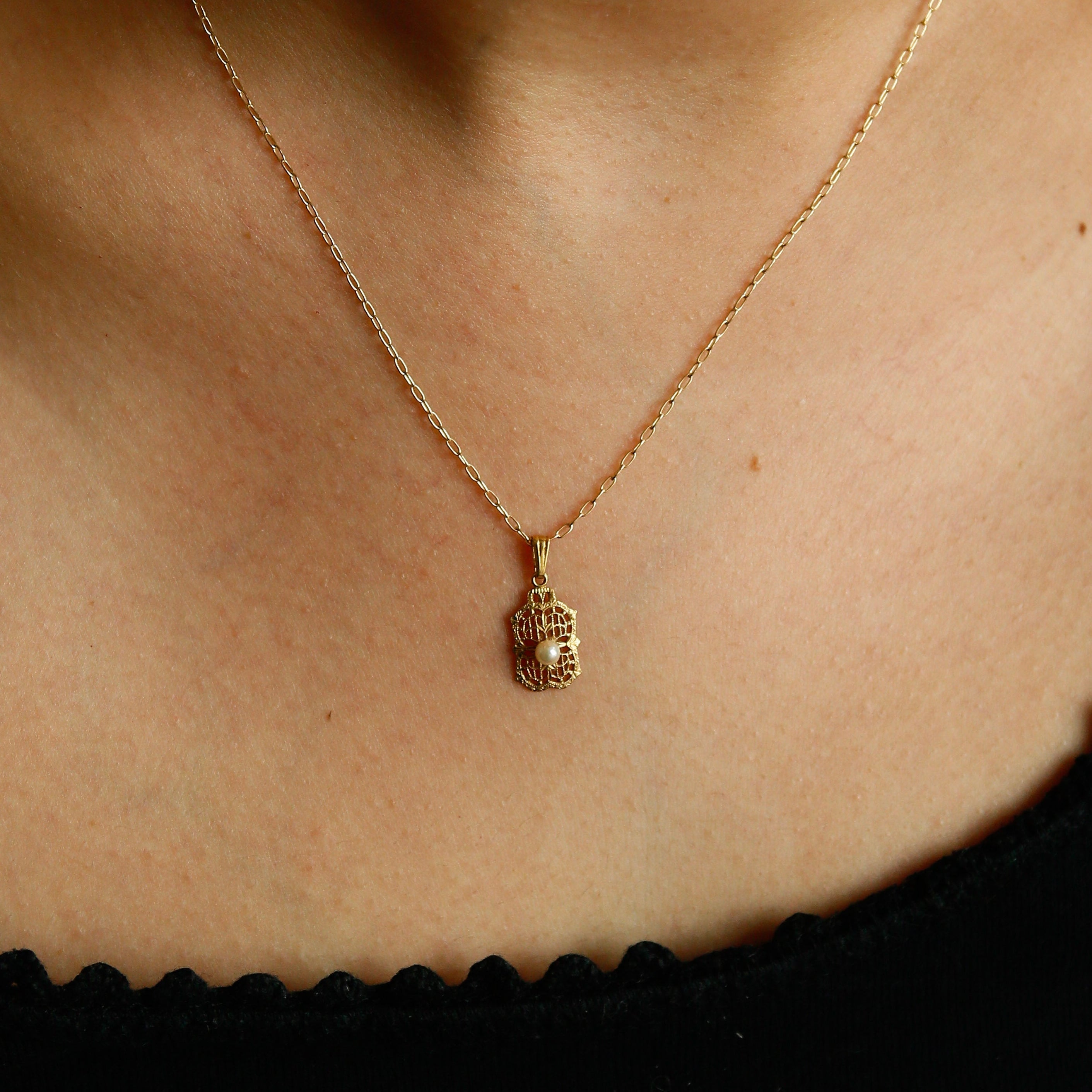 Antique Pearl + Gold fill Shield | Necklace Charm