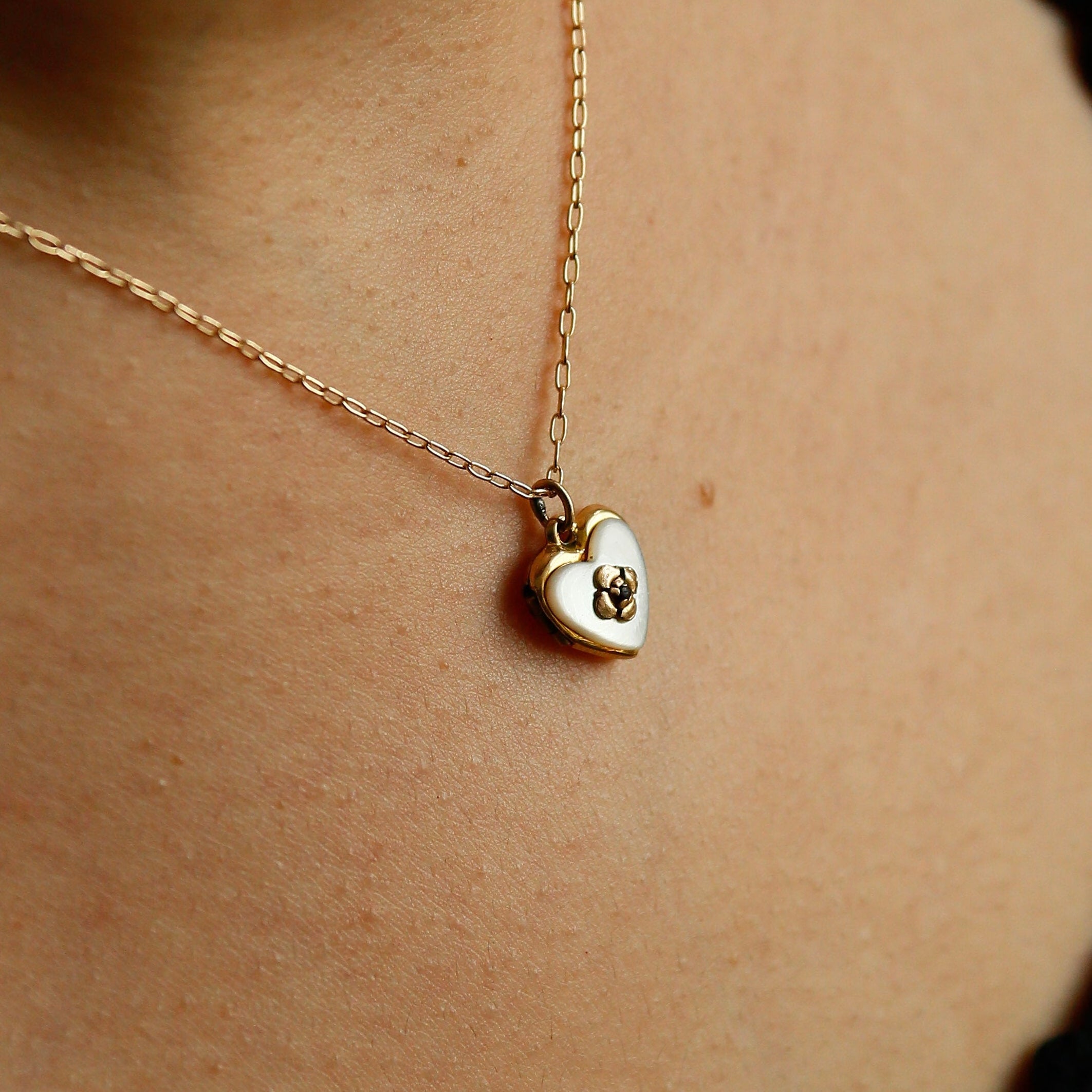 Gold Fill Mother of Pearl Heart Locket | Necklace Charm