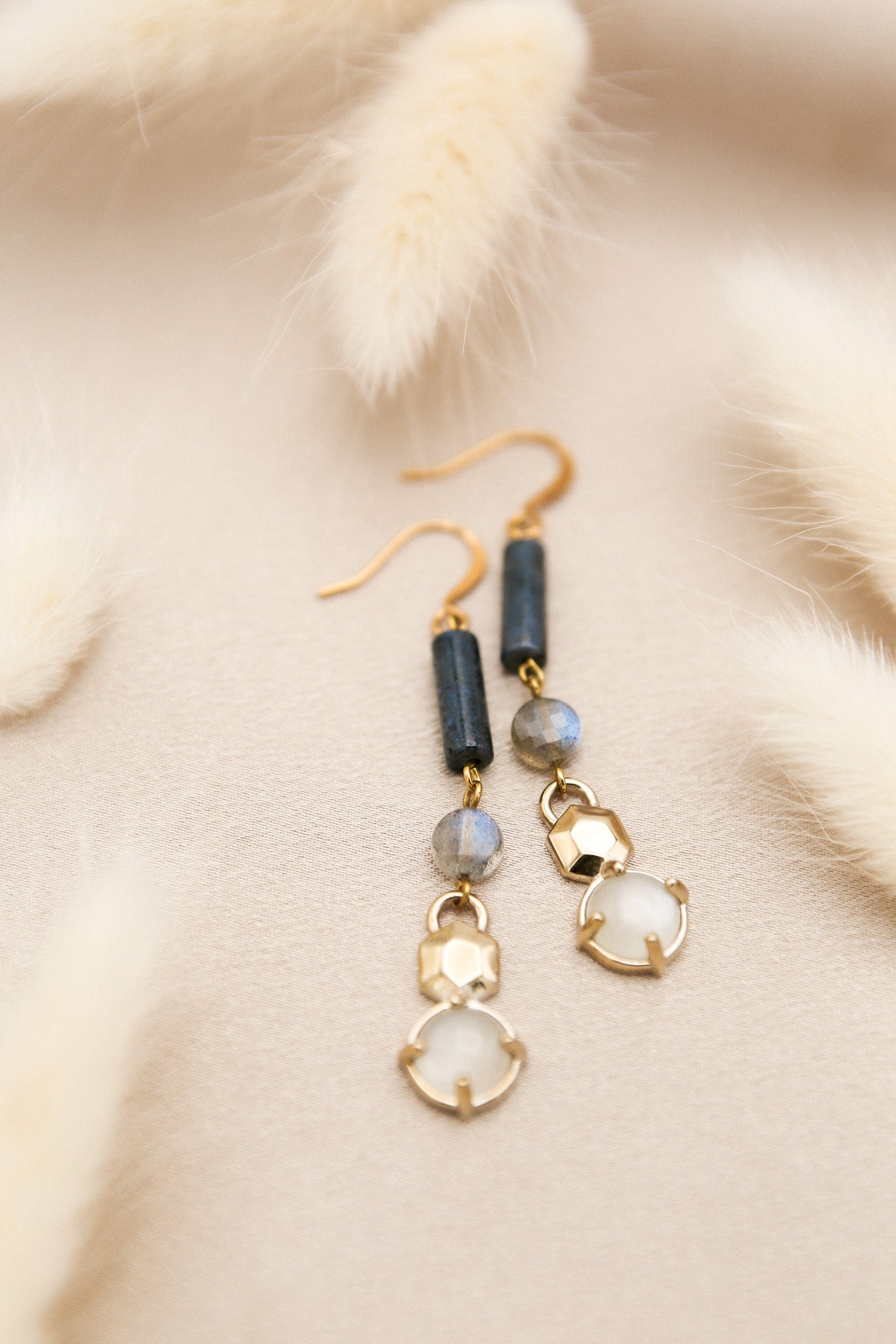 Geometric cast moonstone earrings with blue lapis and labradorite stacking stones - earring designs by cival