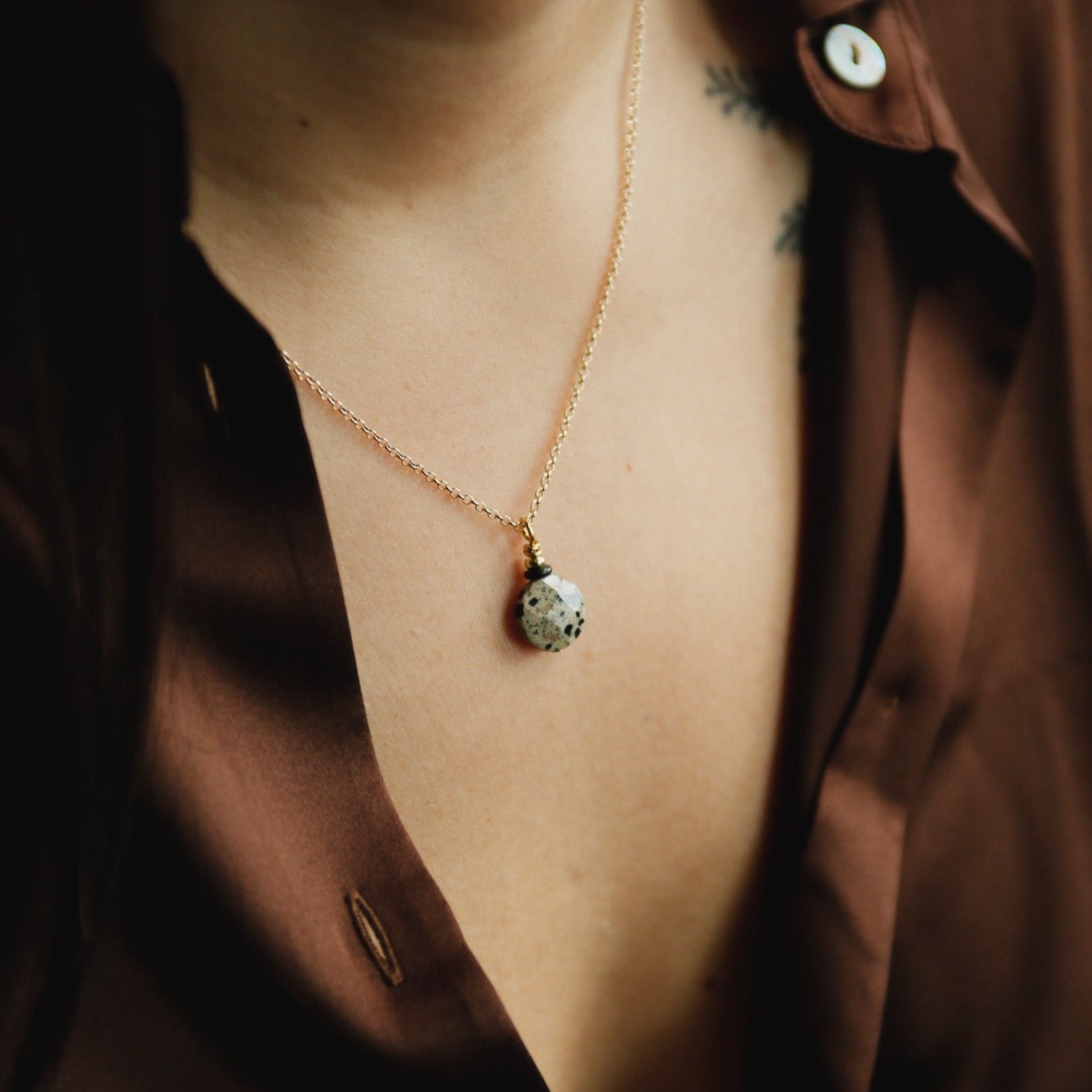 Dalmatian jasper faceted coin necklace on fine gold fill chain