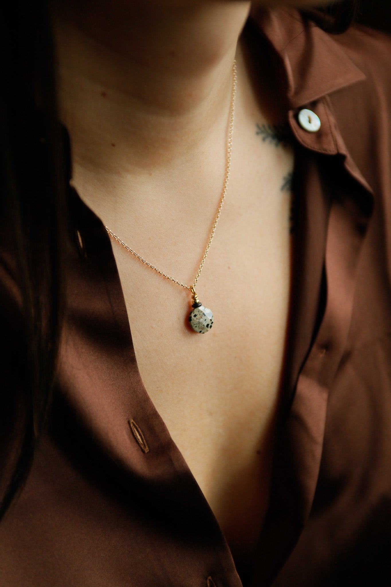 Dalmatian jasper faceted coin necklace on fine gold fill chain
