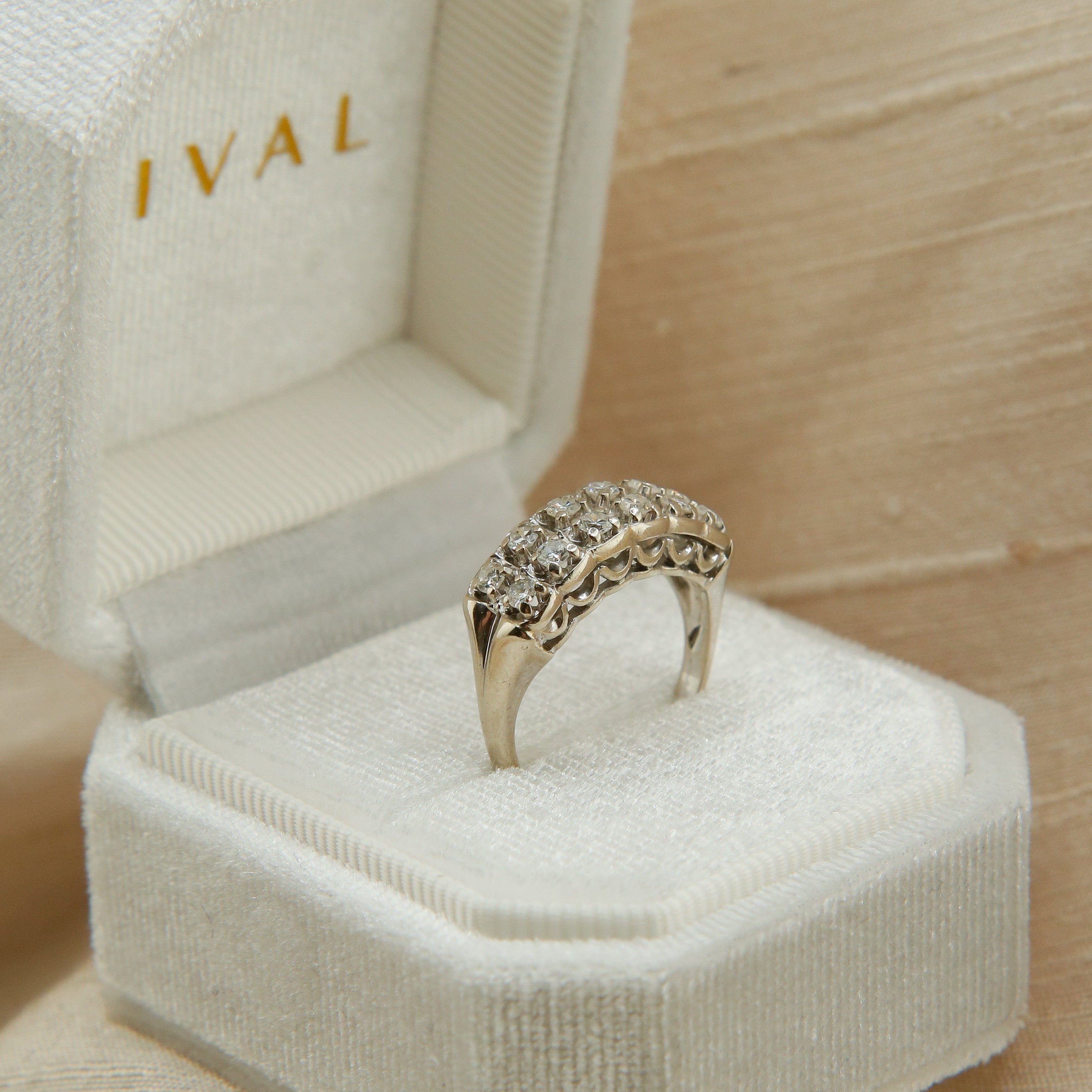 14k White Gold Two Row Antique Full Cut Natural Diamond Ring VR204 | sz 5.75