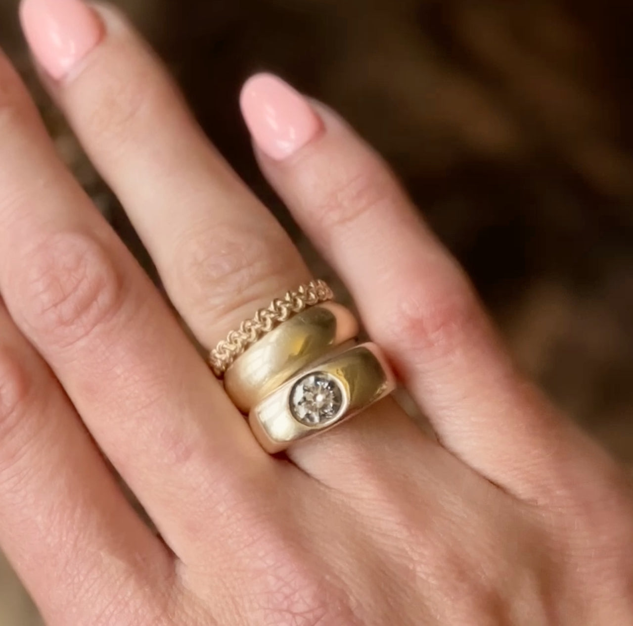 three 14k gold stacking rings - wide signet 1ct diamond ring, twisted rope ring and 4mm wide half round band