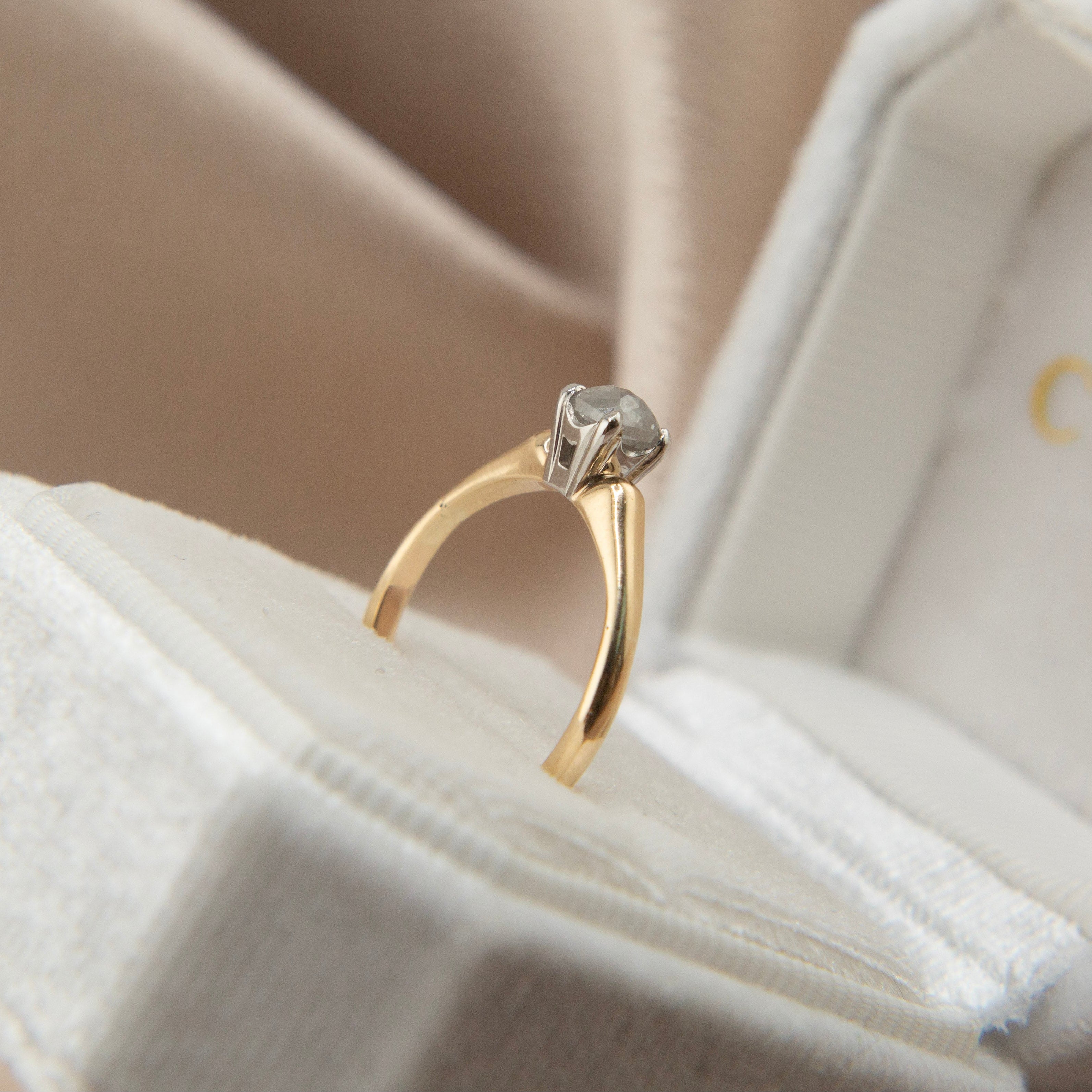 14k two tone 4 prong solitaire w rose cut s&p dia | sz 6.25