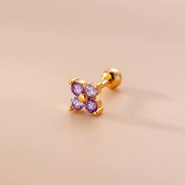 dainty purple flower earrings, gold posts. Round backs for every day wear
