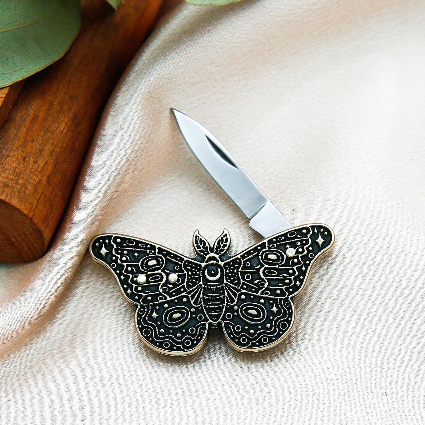small moth pocket knife with blade slightly open