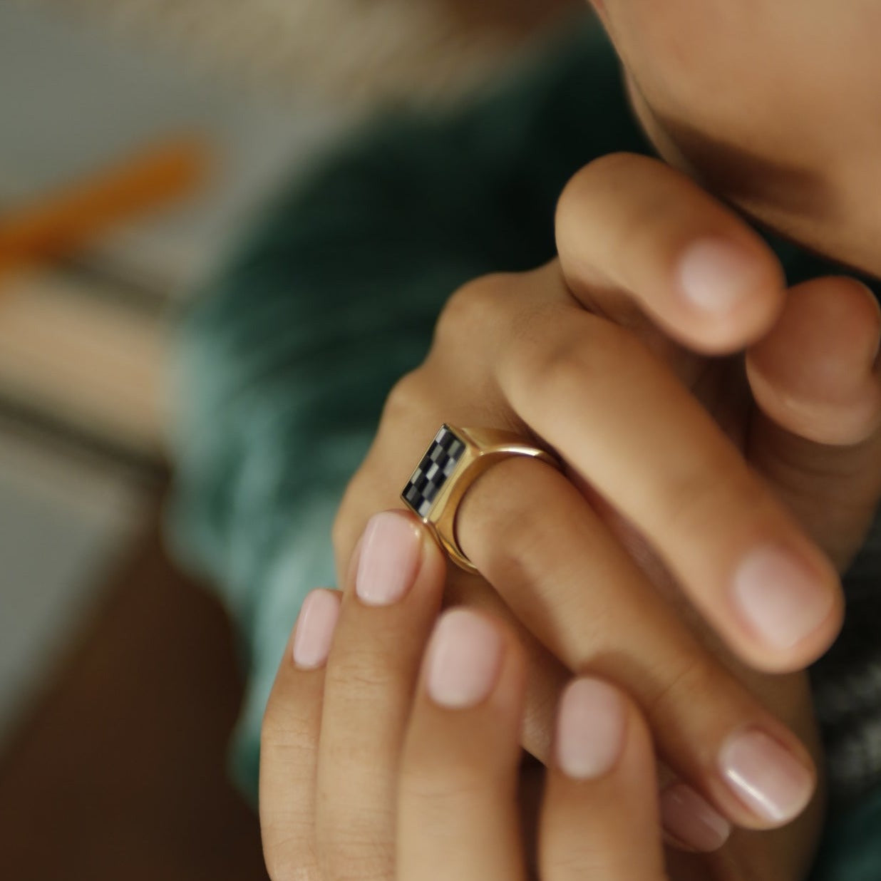 close up of Velma ring with. checkerboard set stone. Signet ring designed in house by Cival Collective in milwaukee wisconsin