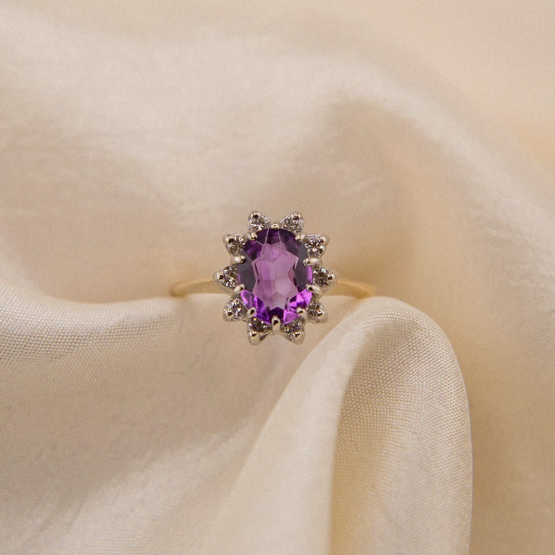 14k Amethyst and nat. diamond halo  | sz 7.5