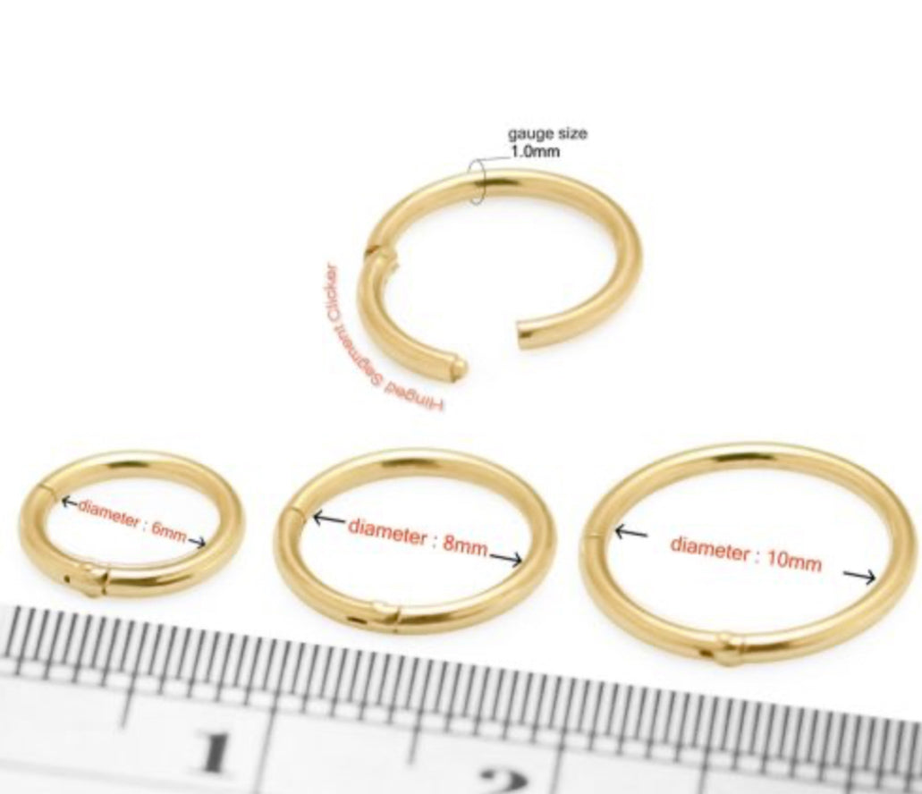 photo showcasing the nose ring sizes, left to right is 6 millimeter, 8 millimeter and 10 millimeter diameter, gauge size 1 millimeter