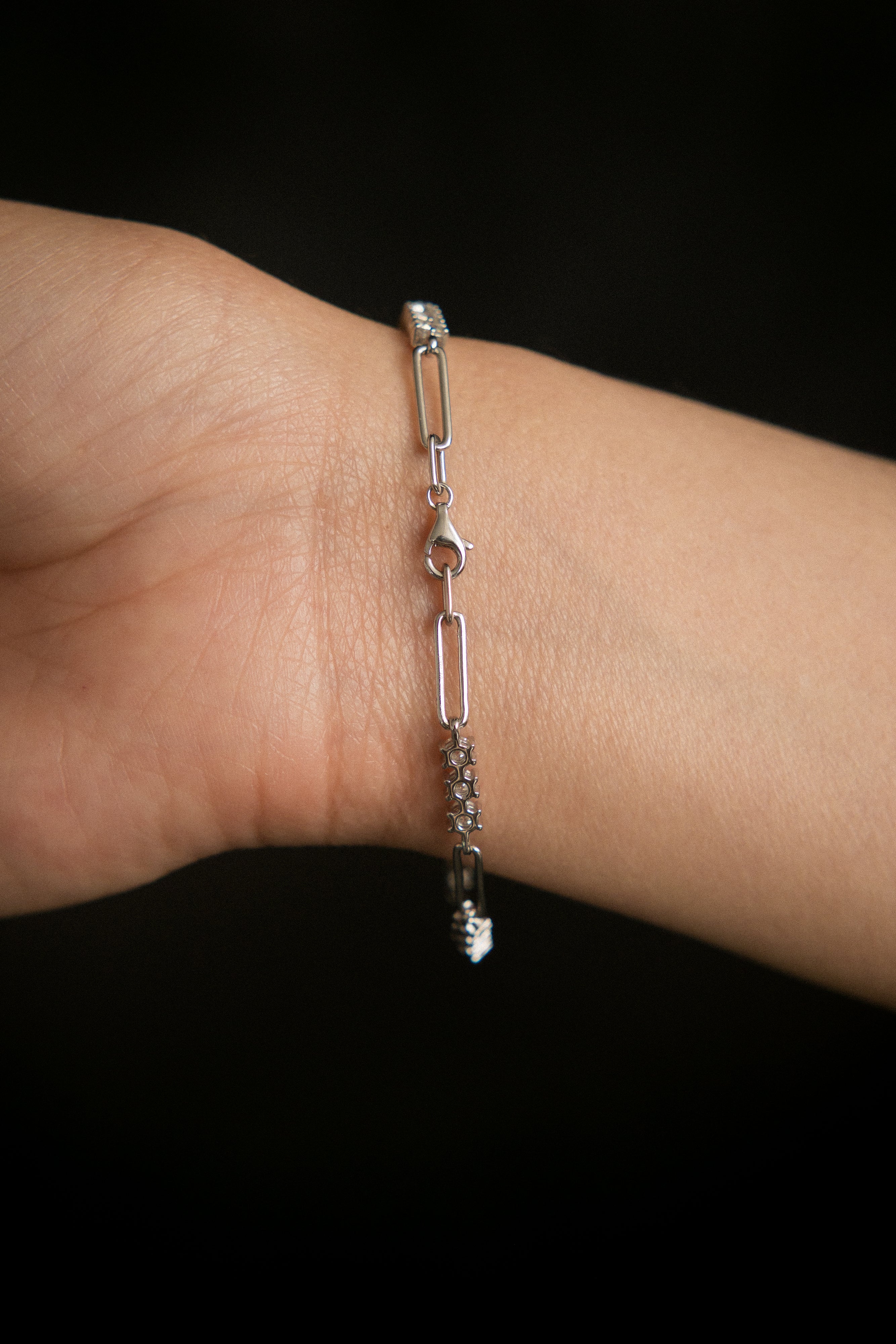 Moissanite paperclip tennis bracelet, white gold filled sold by Cival in BayView Milwaukee Wisconsin. Perfect for a demi fine gift. 