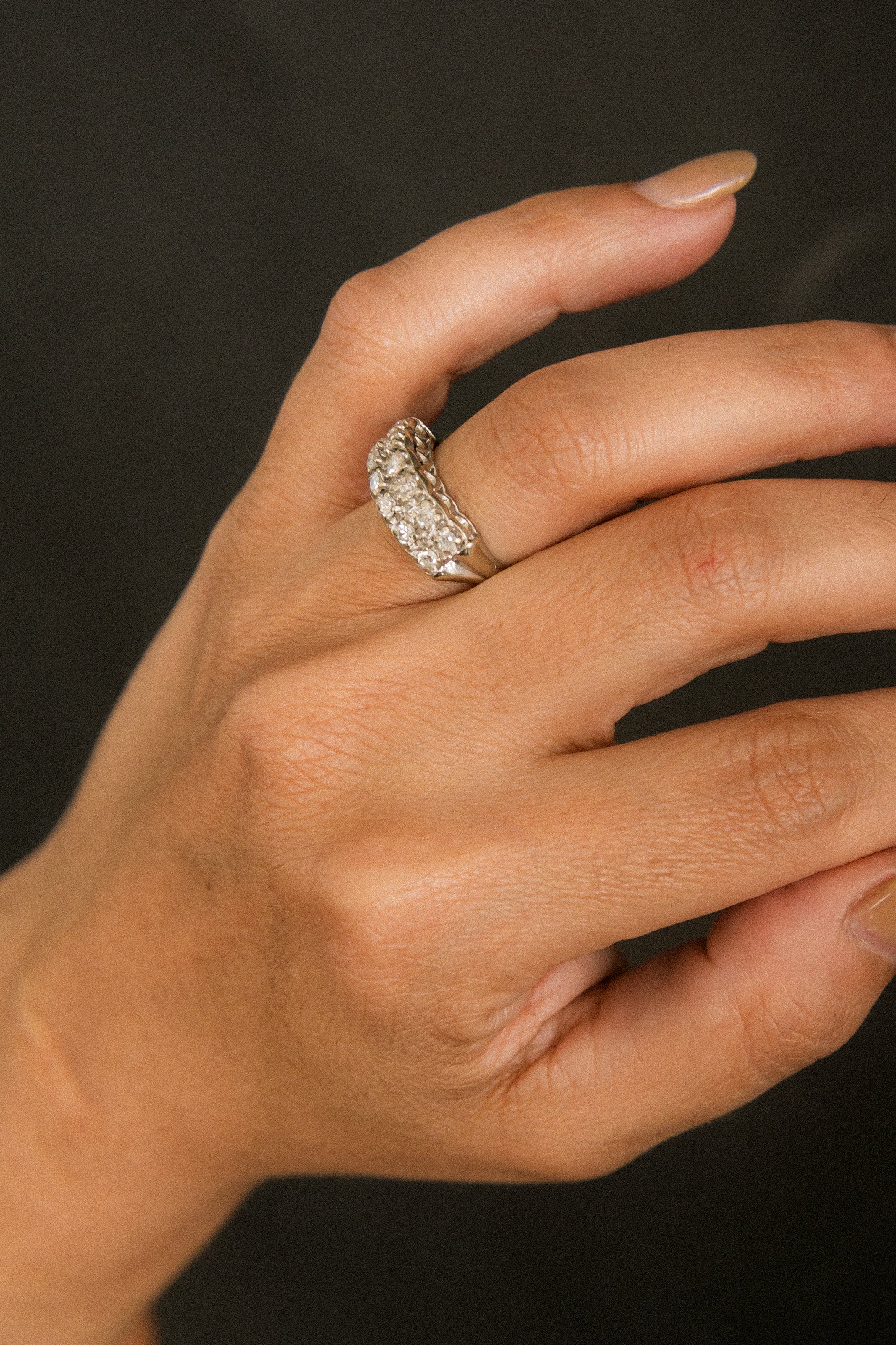 14k White Gold Two Row Antique Full Cut Natural Diamond Ring | sz 5.75