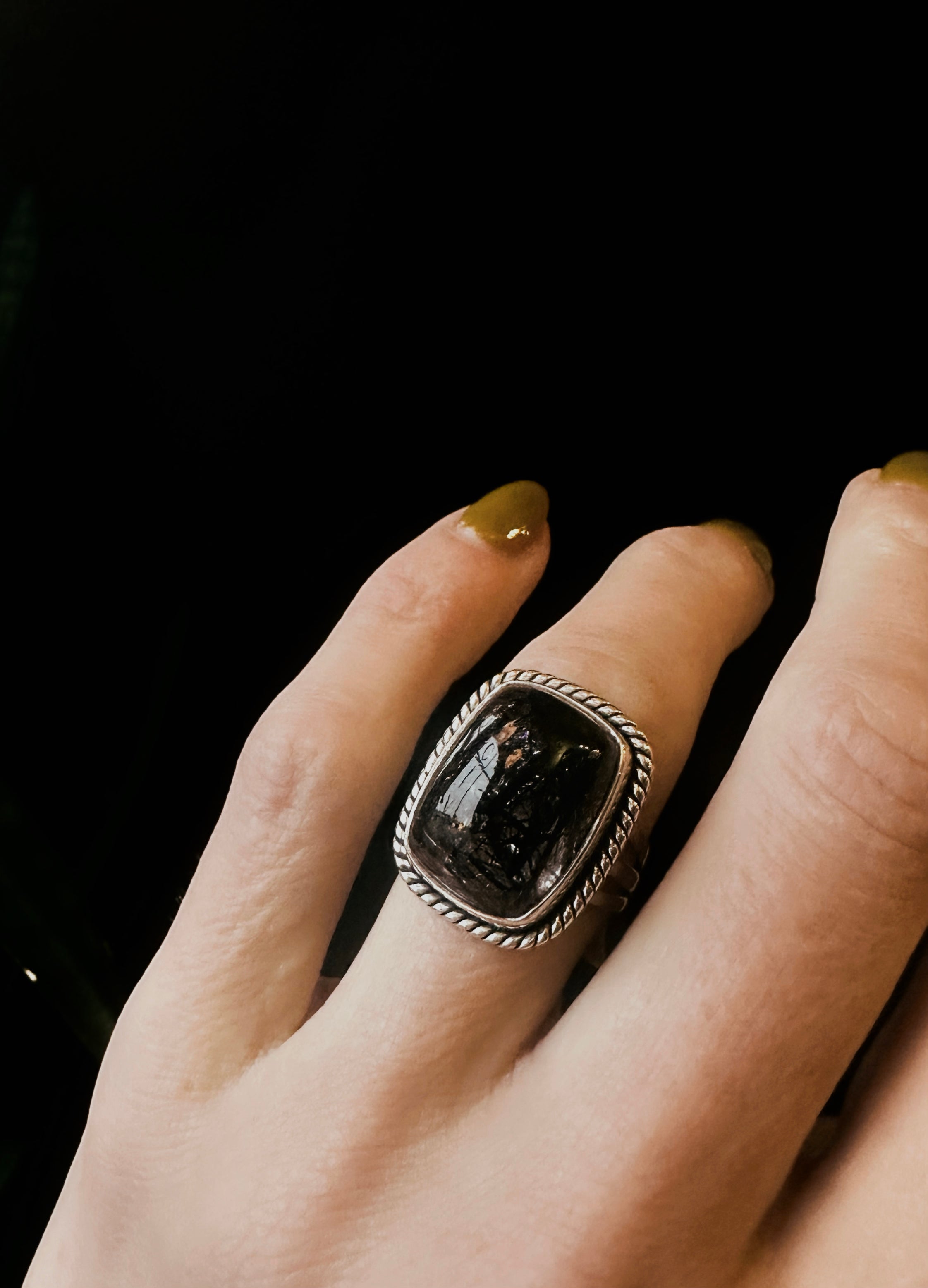Black tourmaline in clear quartz rectangle ring  size 7 on hand