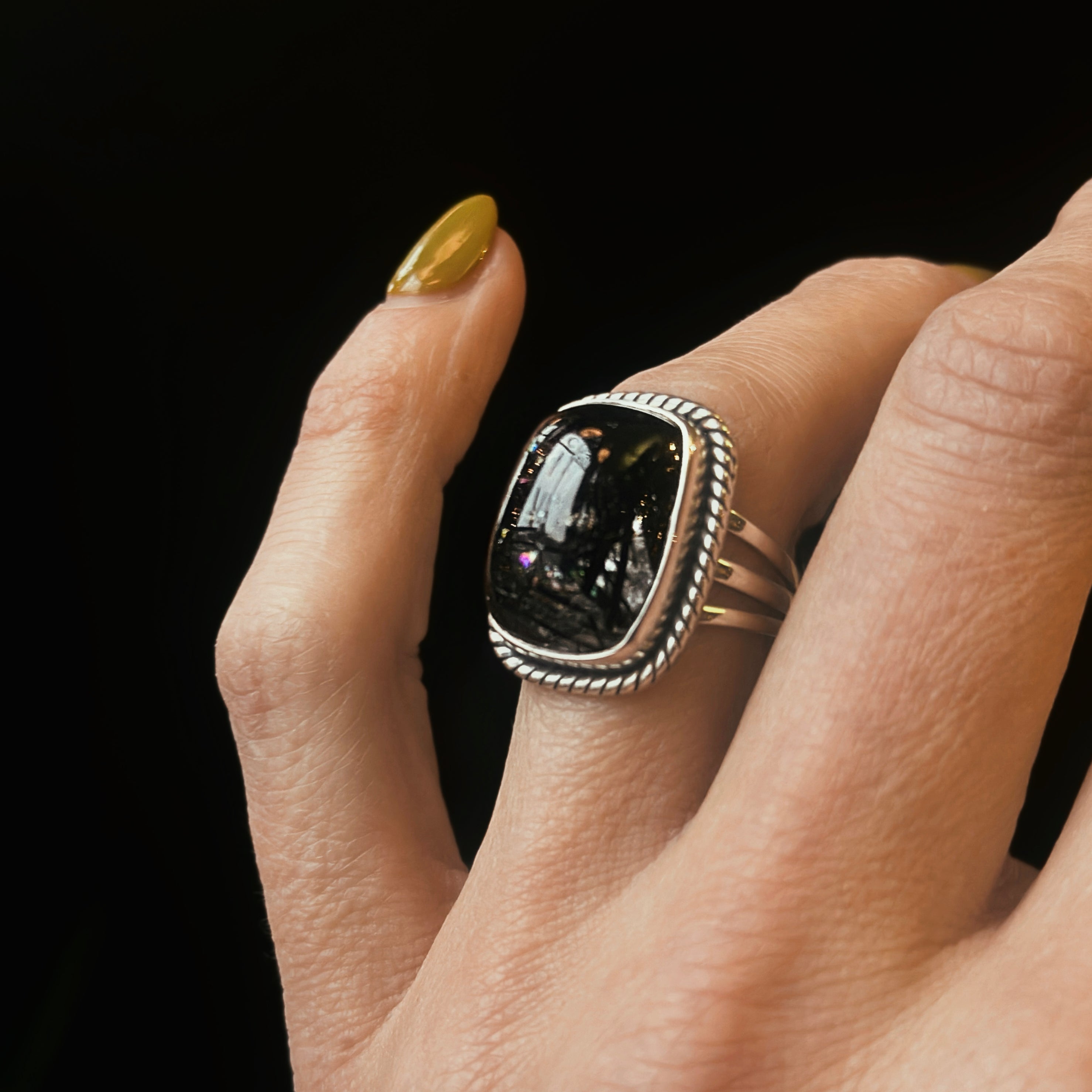 Black tourmaline in clear quartz rectangle ring 