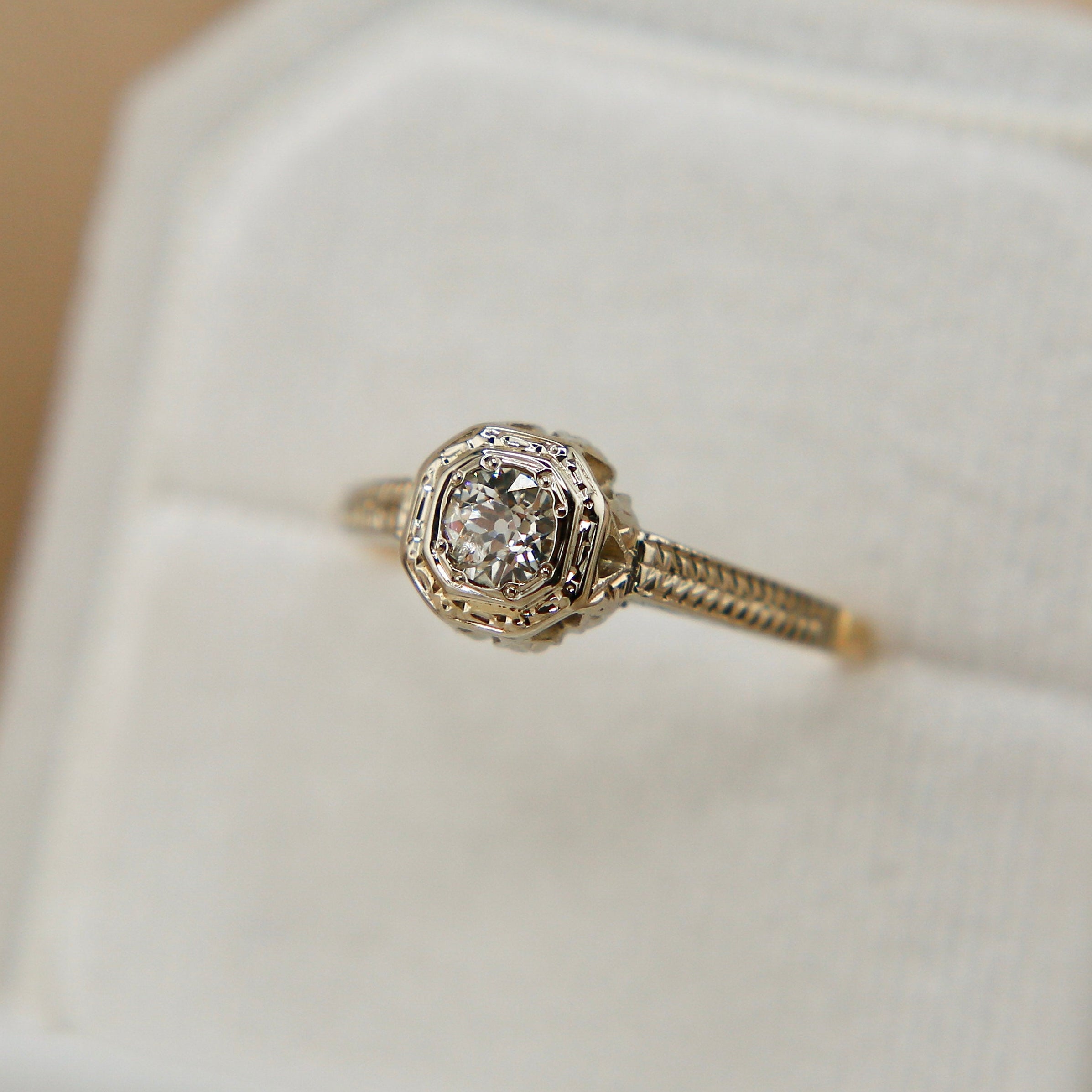 0.3ct Old Euro Cut Diamond Two Tone Engagement Ring | sz 6.75