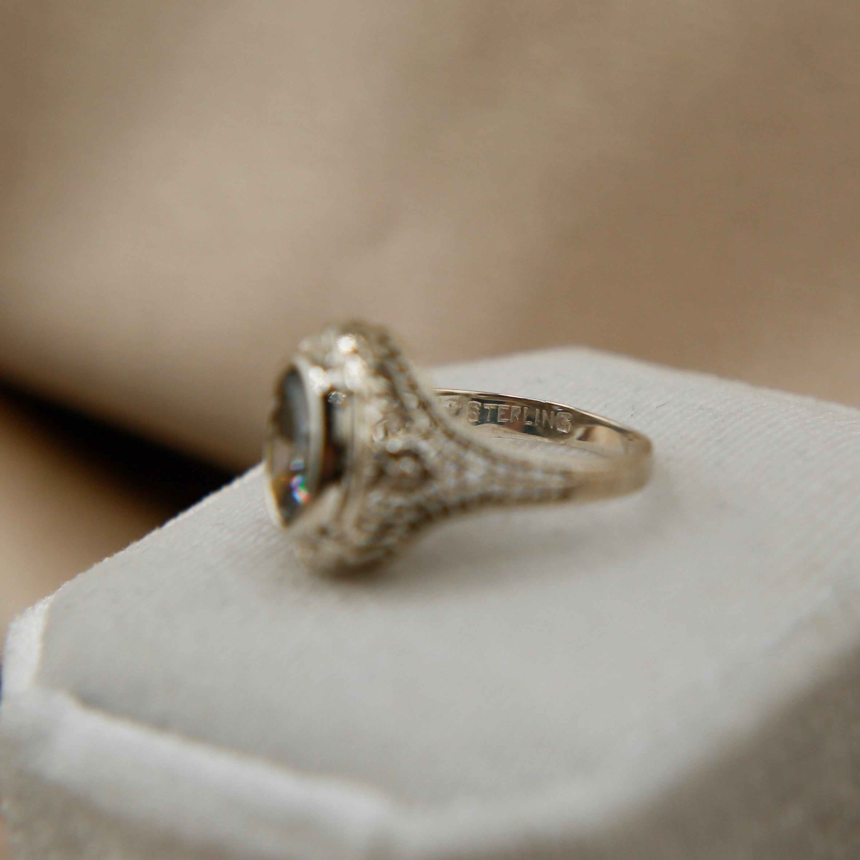 Ornate Floral Sterling Silver Ring with 2ct Oval Moissanite  | sz 5.5