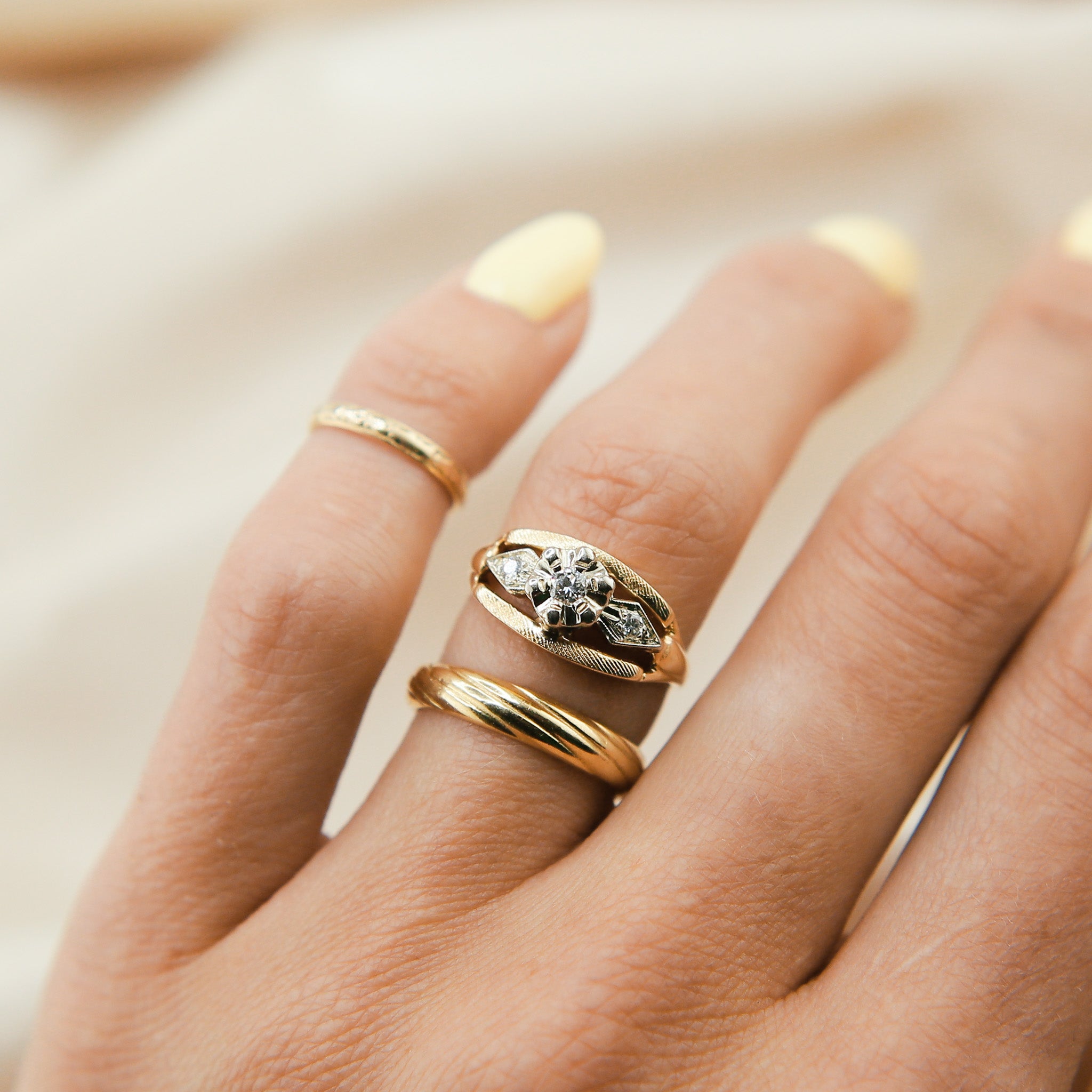 Midcentury 14k Two Tone Three Stone Engagement Ring | sz 6.5