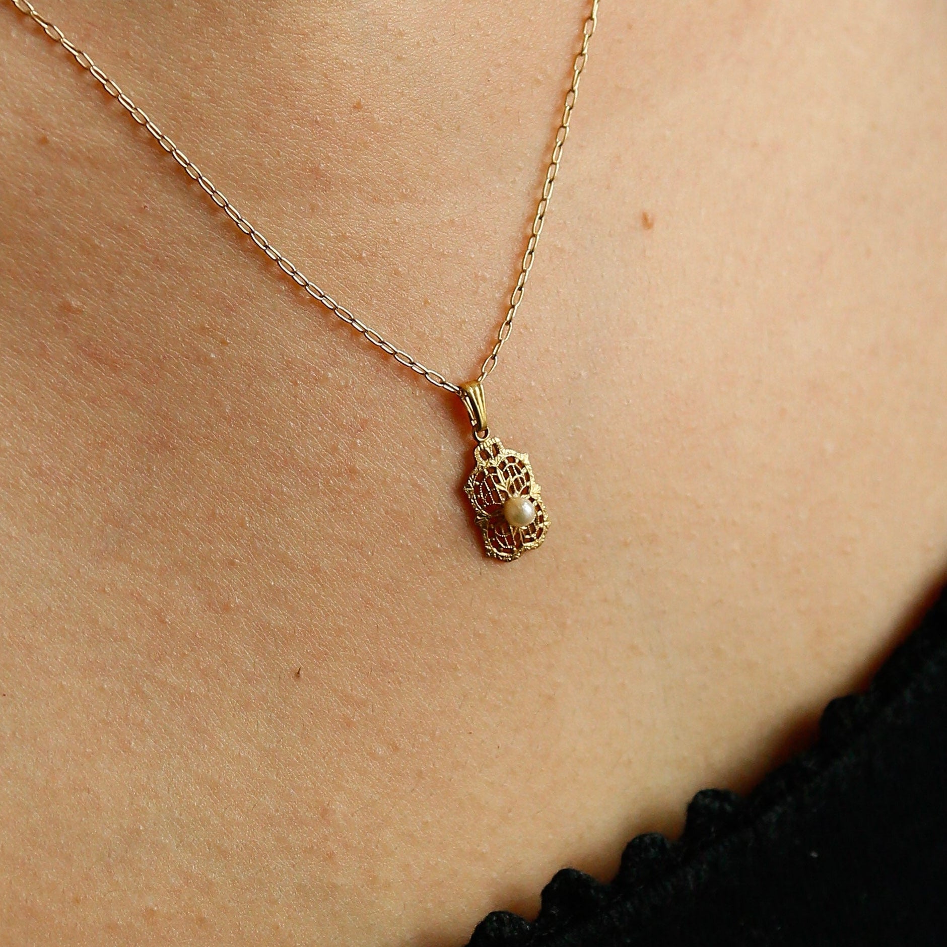 Antique Pearl + Gold fill Shield | Necklace Charm