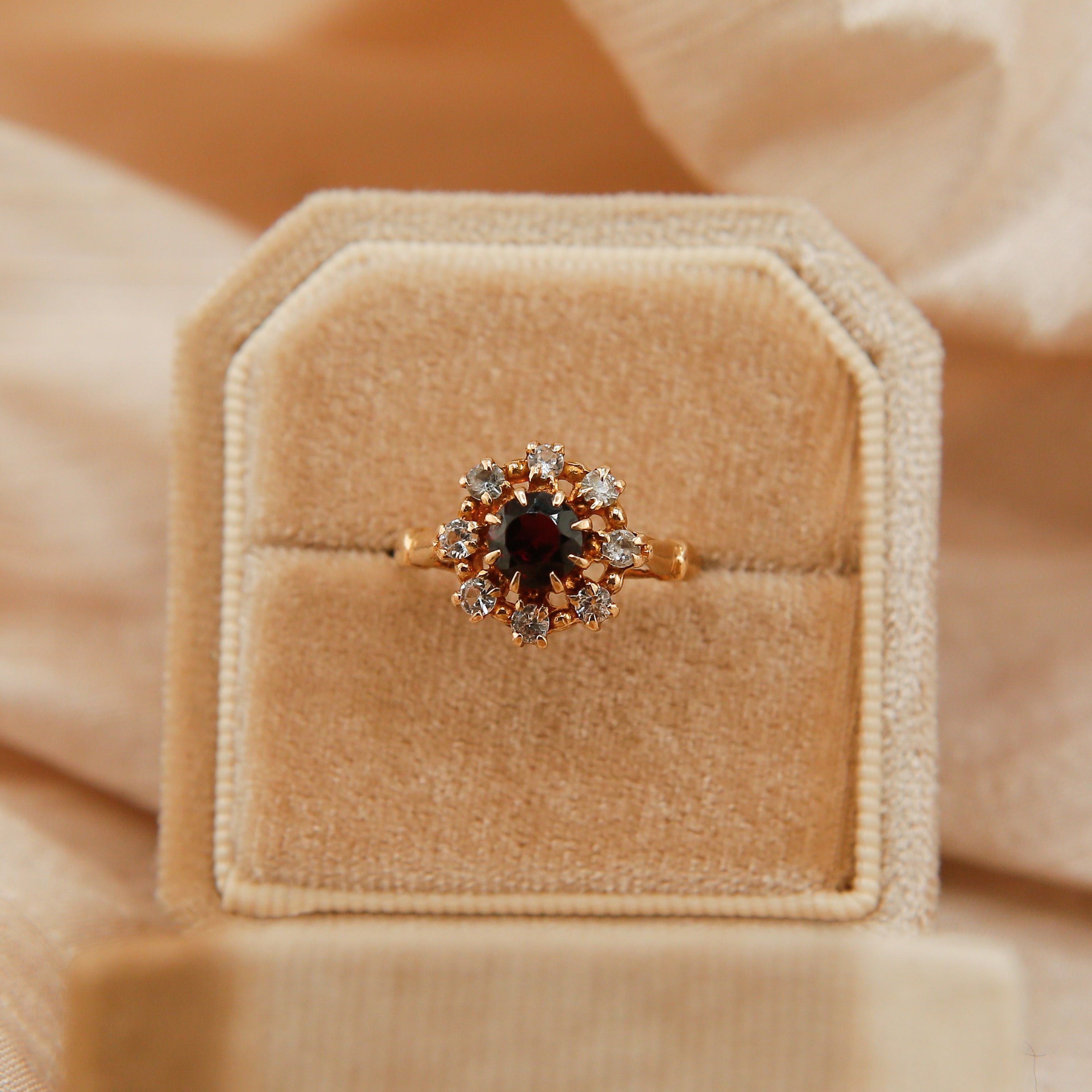 70's Gregorian Inspired Garnet and White Sapphire Halo Ring | sz 6