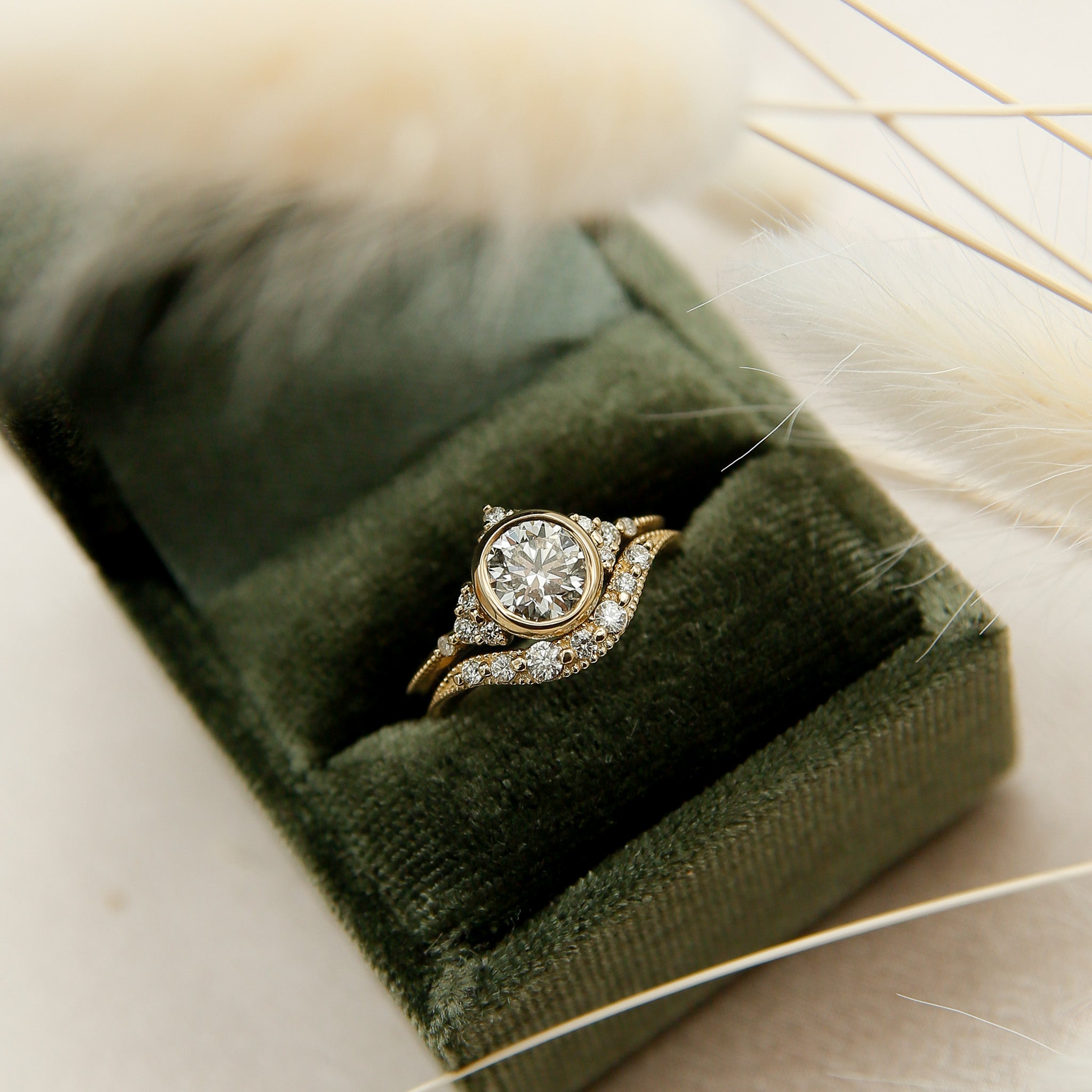 Round brilliant diamond engagement ring with tiny diamond accents and matching contour diamond band- Cival Jewelry Milwaukee