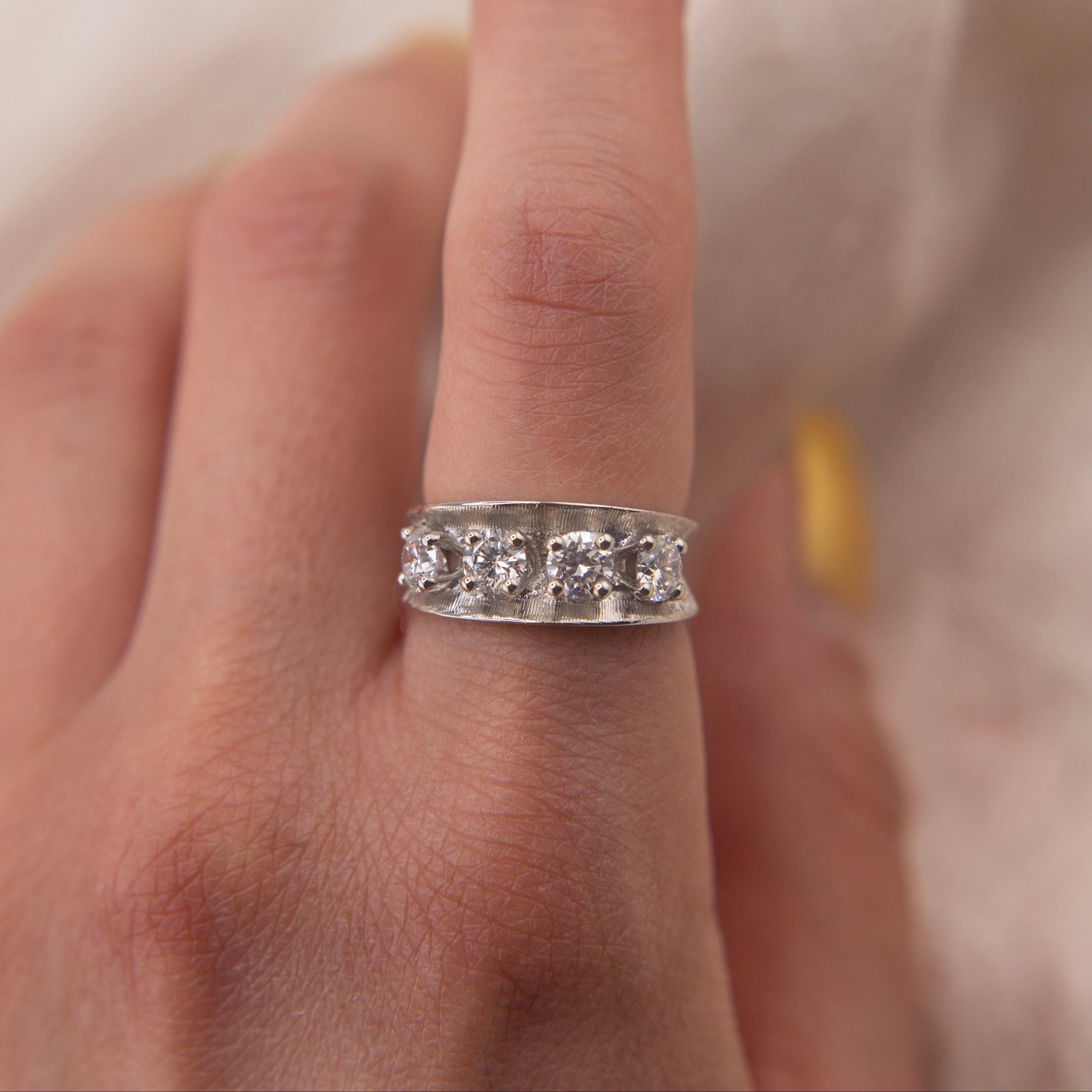 60's 10k White Gold Textured Band With Diamonds | sz 5.75