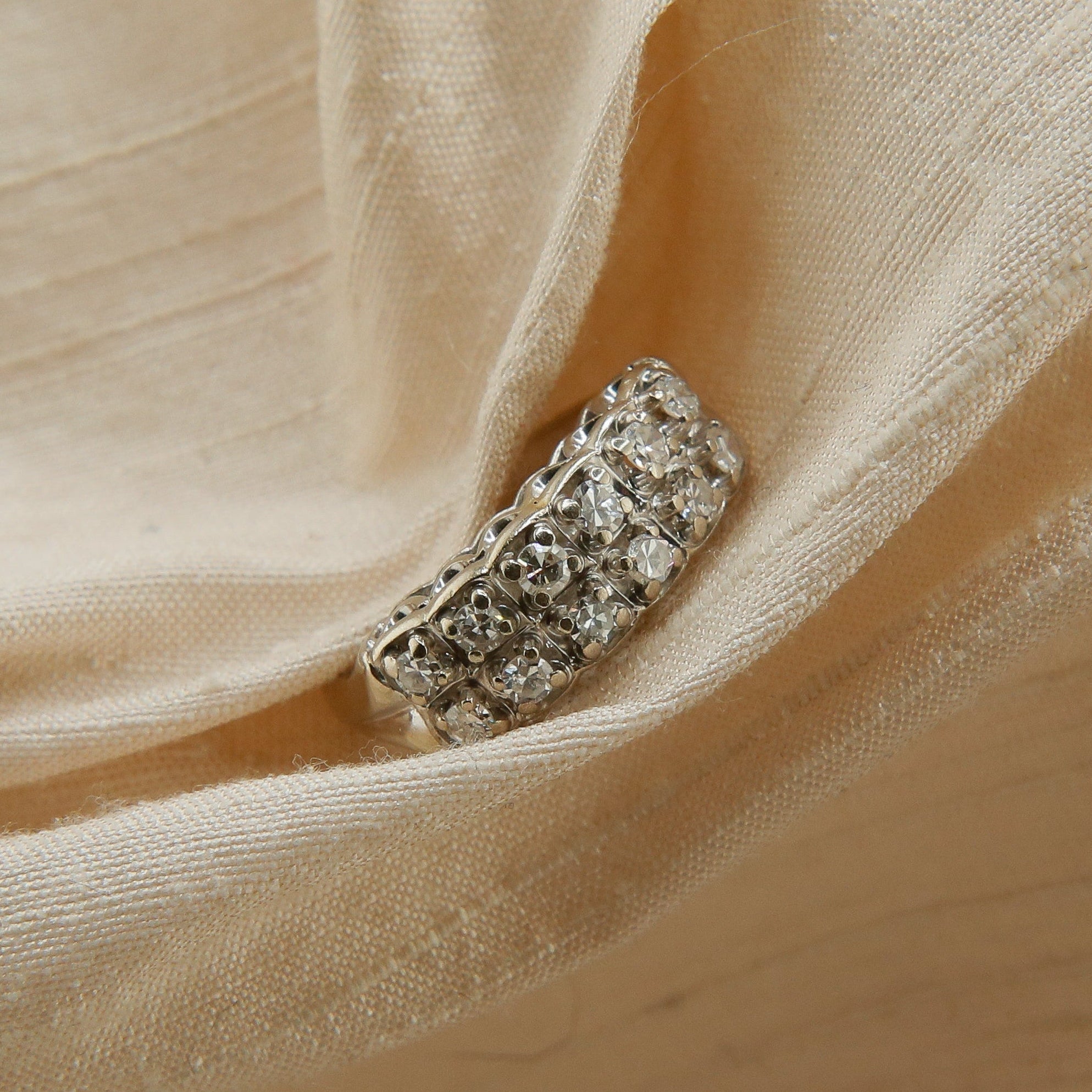 14k White Gold Two Row Antique Full Cut Natural Diamond Ring | sz 5.75