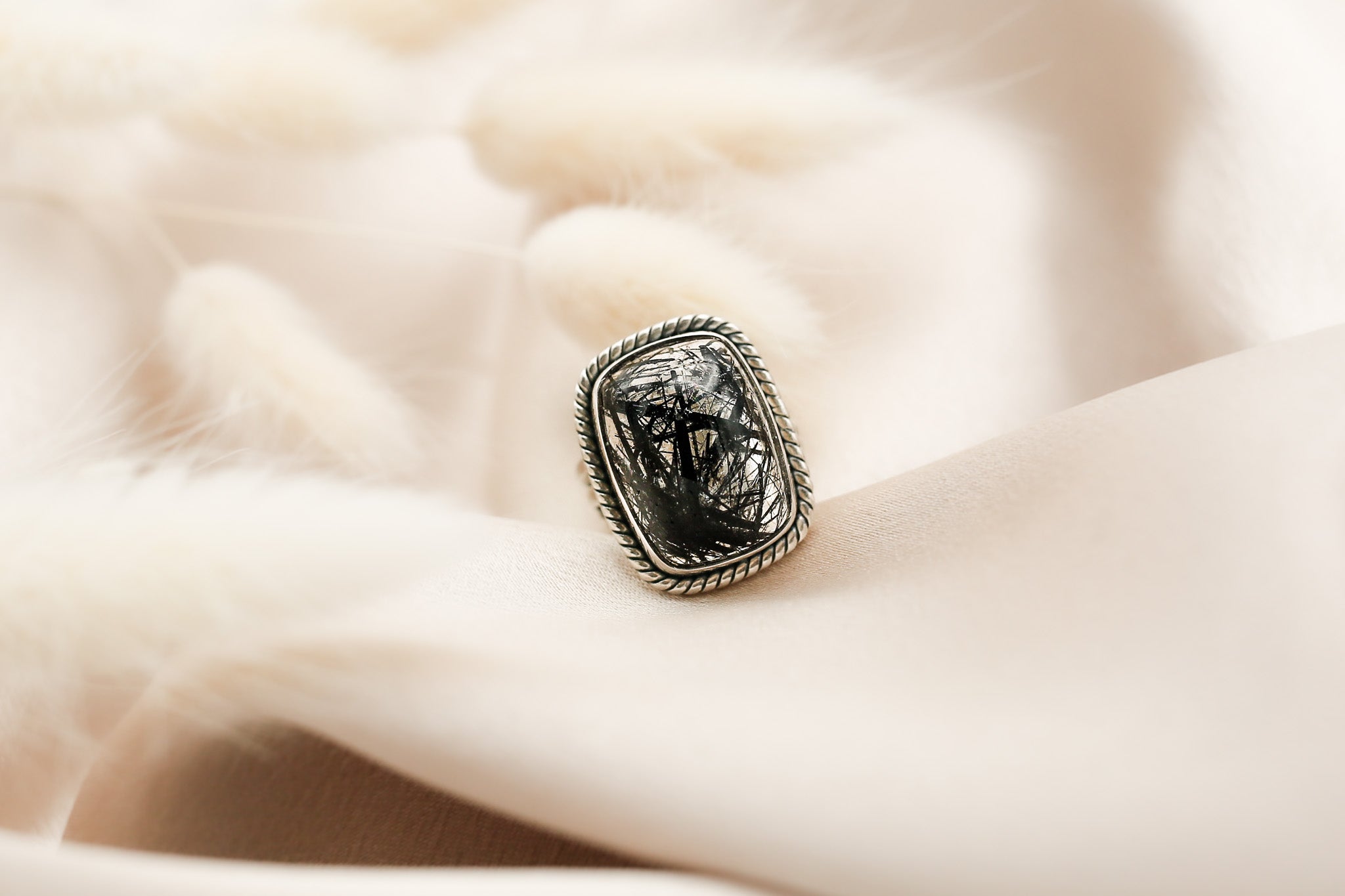 High quality Black tourmaline in clear quartz rectangle ring 