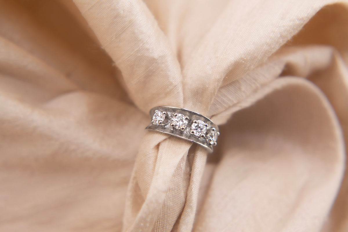 60's 10k White Gold Textured Band With Diamonds | sz 5.75