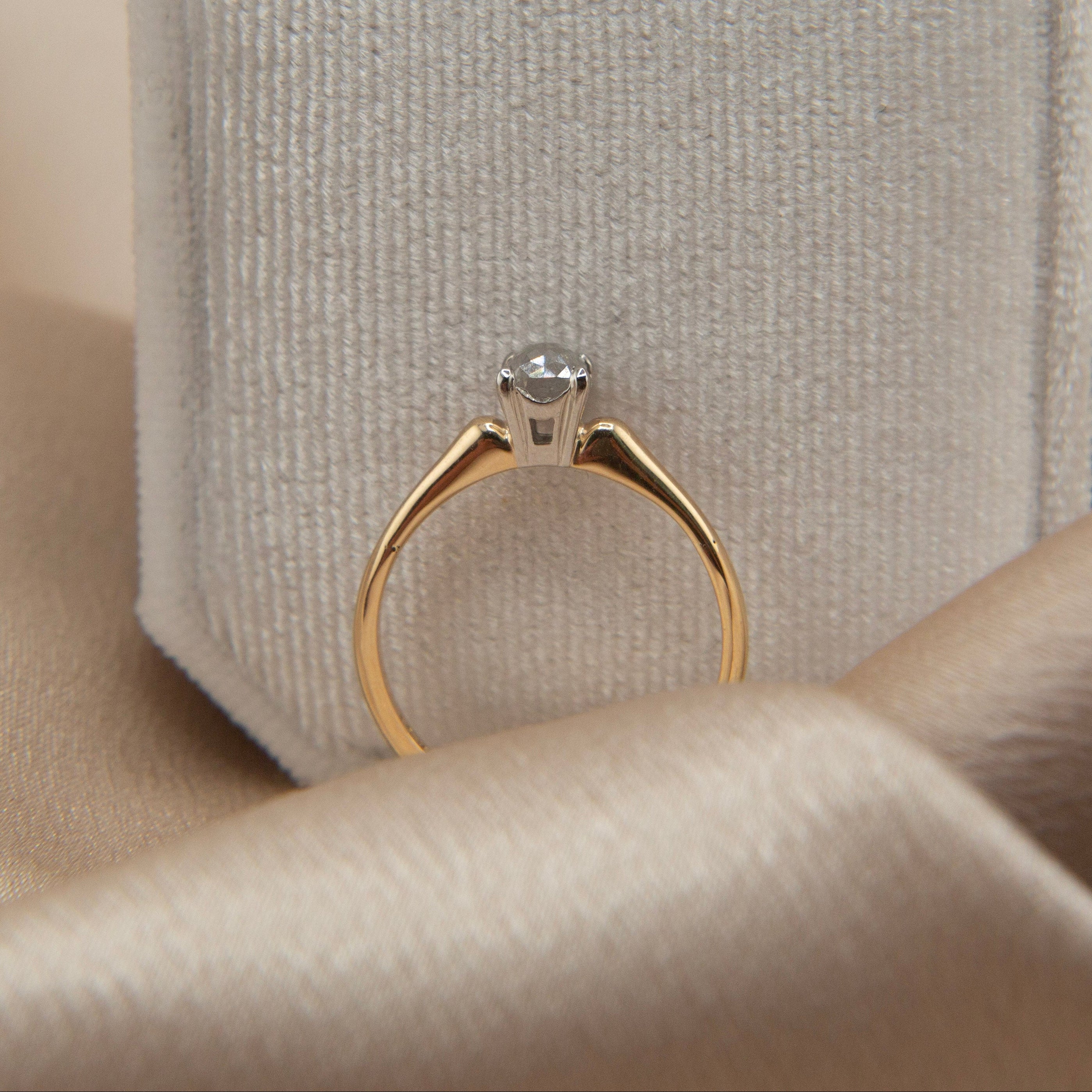 14k two tone 4 prong solitaire w rose cut s&p dia | sz 6.25