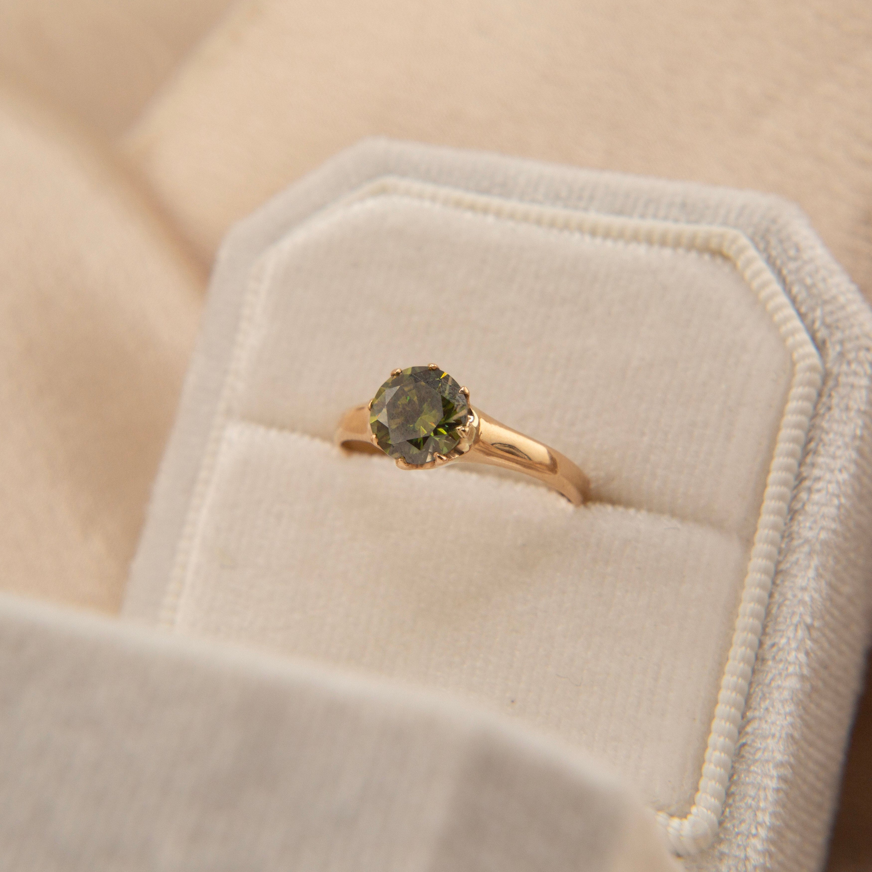 Edwardian olive green moissanite solitaire | sz 5.5