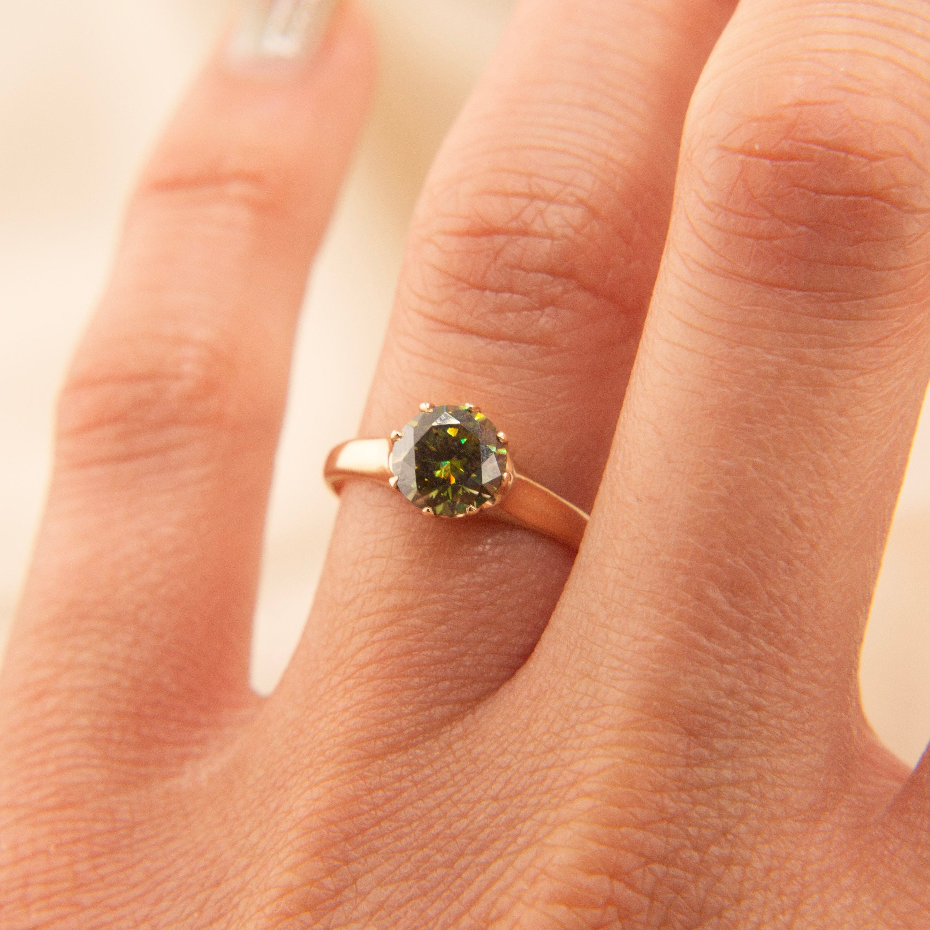 Edwardian olive green moissanite solitaire | sz 5.5