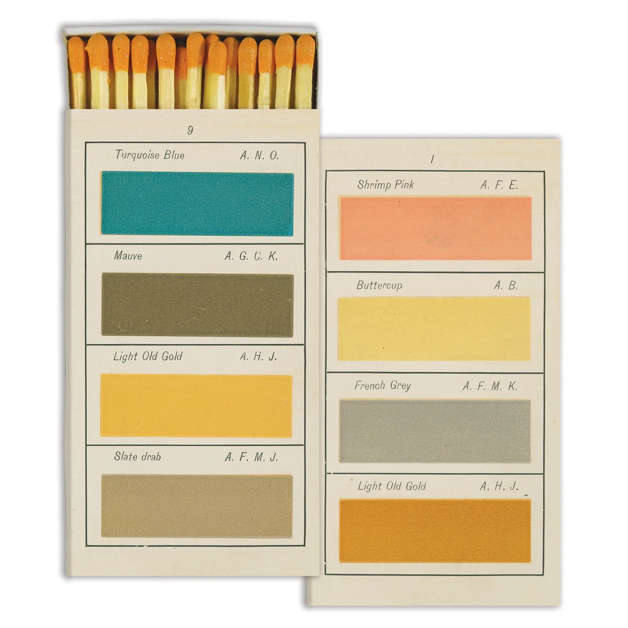 orange tipped matches with painters swatches design on box 