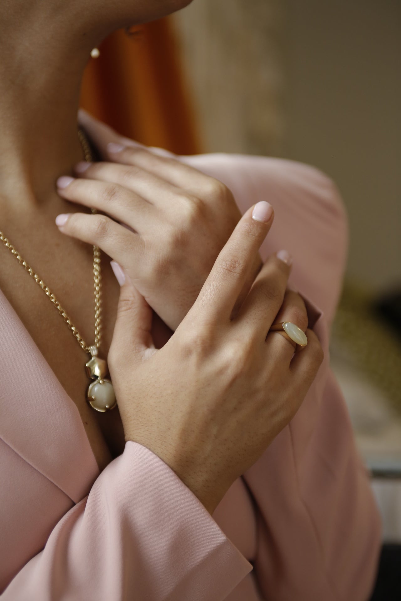 Brass dome ring with cloudy white oval stone
